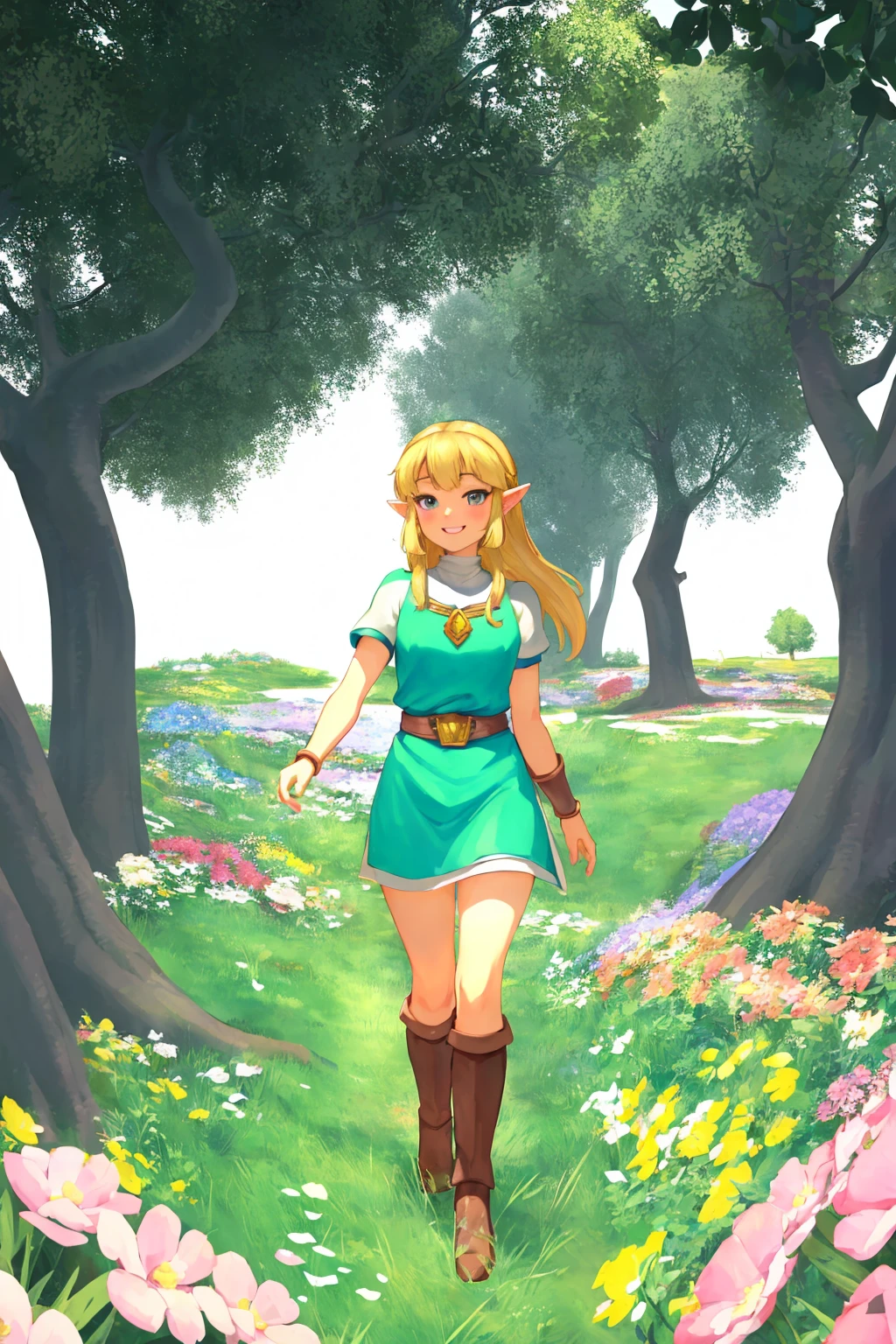 masterpiece, ultra-detailed, best quality, illustration, 8k cg wallpaper, an extremely delicate and beautiful, 1girl, Princess Zelda /(The Legend of Zelda/), solo, perfect anatomy, smiling, blushing, perfect arms, perfect legs, cute, pretty, beautiful, sexy, perfect body, (background: flowery field, grass, trees, flowers, ruins, intricately detailed items in background), <lora:Beyond_Eyes:0.8>