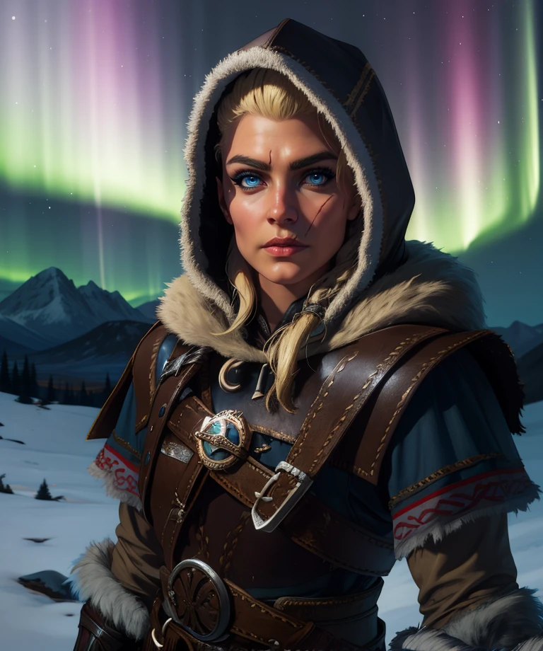 Eivor,scar on face,blonde hair,blue eyes,
leather armor,fur trim,hood down,
upper body,standing,looking at viewer,
northern lights,mountains,cold,
(insanely detailed, beautiful detailed face, masterpiece, beautiful detailed eyes, best quality),<lora:Eivor:0.8>,