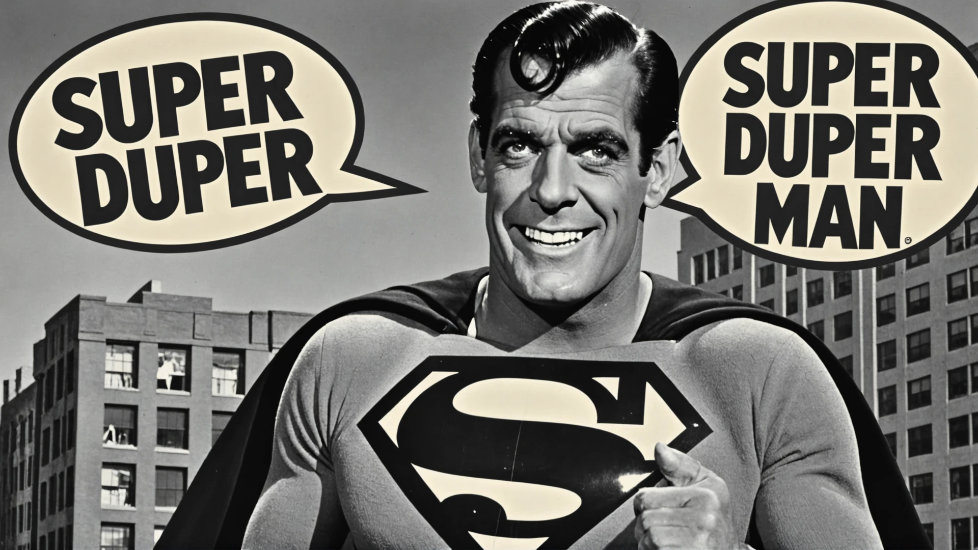 black and white photo of herman munster as superman in city with a text bubble that says "super duper man"