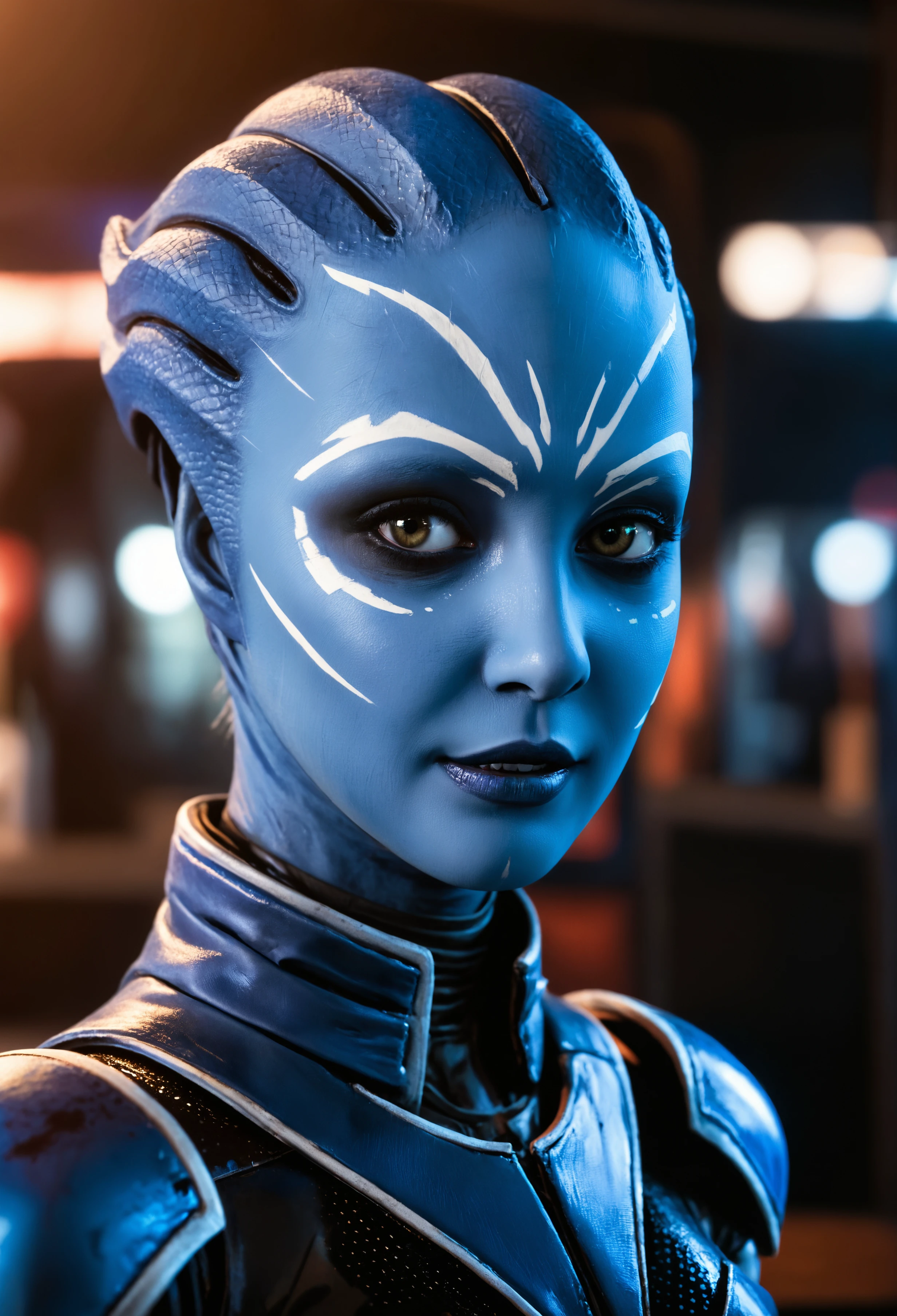 zavy-asari, glamour shot of a beautiful young woman in fancy dress in sci-fi bar, looking at viewer, subsurface scattering, clean, portrait, macro, close-up,