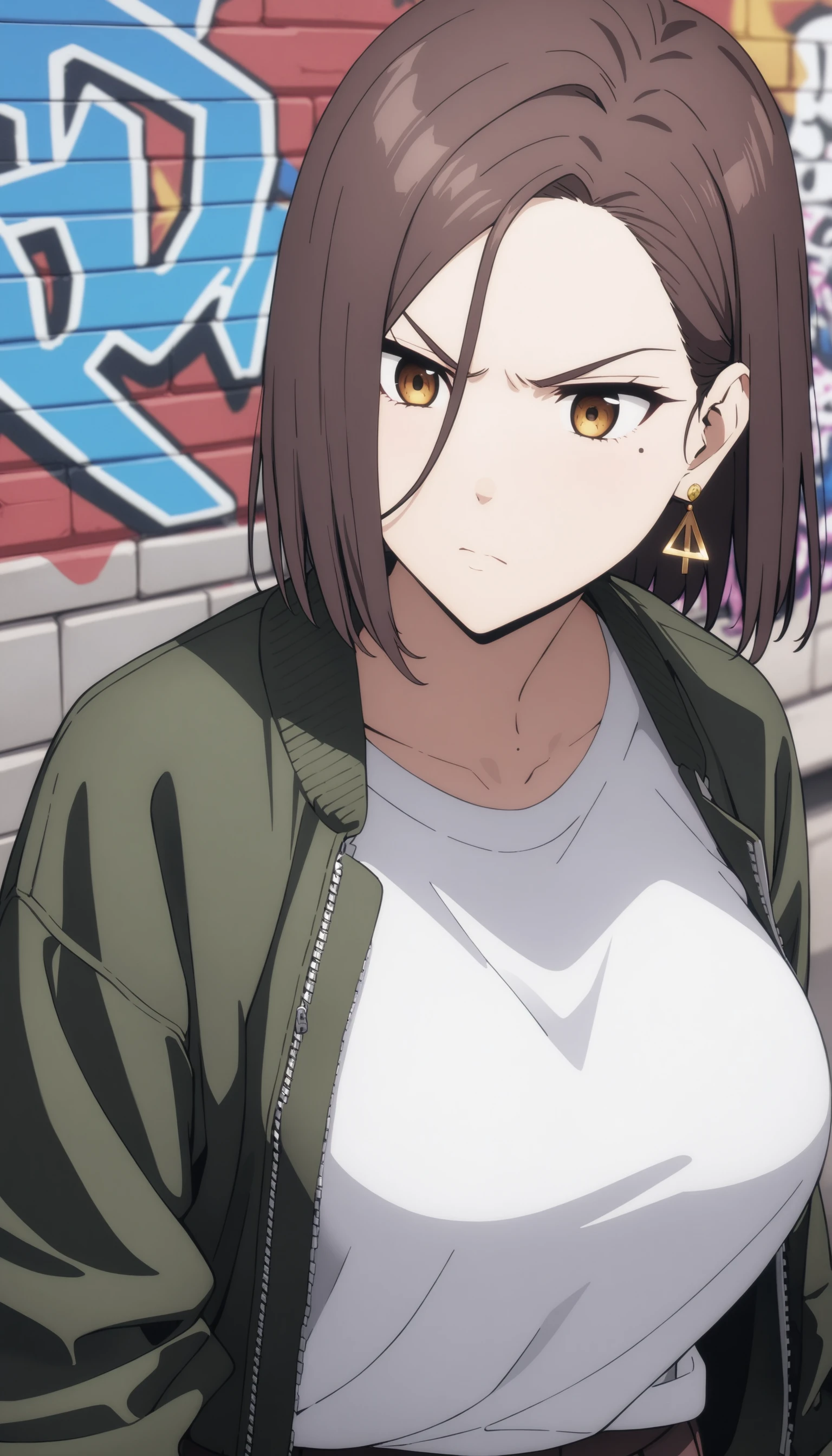 (masterpiece, best quality, very aesthetic, ultra detailed), intricate details,
1girl, kotohadef, short hair, mole, earrings, large breasts, jacket, white shirt, skirt, open jacket, street, graffiti, angry,   <lora:KotohaXLv1-000006:1>