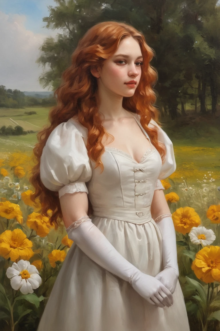 masterpiece, best quality, hi res, newest, oil painting, traditional media, realistic, 1girl, solo, long hair, curly hair, wavy hair, orange hair, orange eyes, looking at viewer, breasts, dress, white dress, puffy sleeves, puffy short sleeves, short sleeves, gloves, elbow gloves, white gloves, three-quarter portrait, closed mouth, standing, outdoors, field, flower, grass, plant, sky <lora:Oil Painting Style LoRA_SeaArt Furry XL 1.0:0.7>