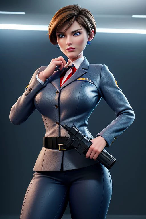 Tall, High quality, nonblurry, female focus, Ultra HD, HDR, 8K, smooth lighting, solo, (fully clothed, masterpiece, photorealistic, medium breasts, good shading, studio quality), (Agent Topaz, short sandy brown hair, blue earrings, dark blue government uniform, holding gun), curvy, best_quality, perfect quality, cinematic lighting, highest quality, intricate details