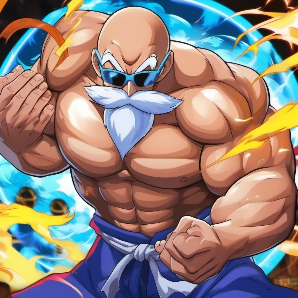 anime artwork a bald very muscular bodybuilder shirtless with sunglasses and beard casting a powerfull spell, (((dramatic energy ball lightning from hands))), ancien chinese temple, dragon, master roshi, dragon ball  <lora:MasterRoshi1024-40:0.8> . anime style, key visual, vibrant, studio anime,  highly detailed