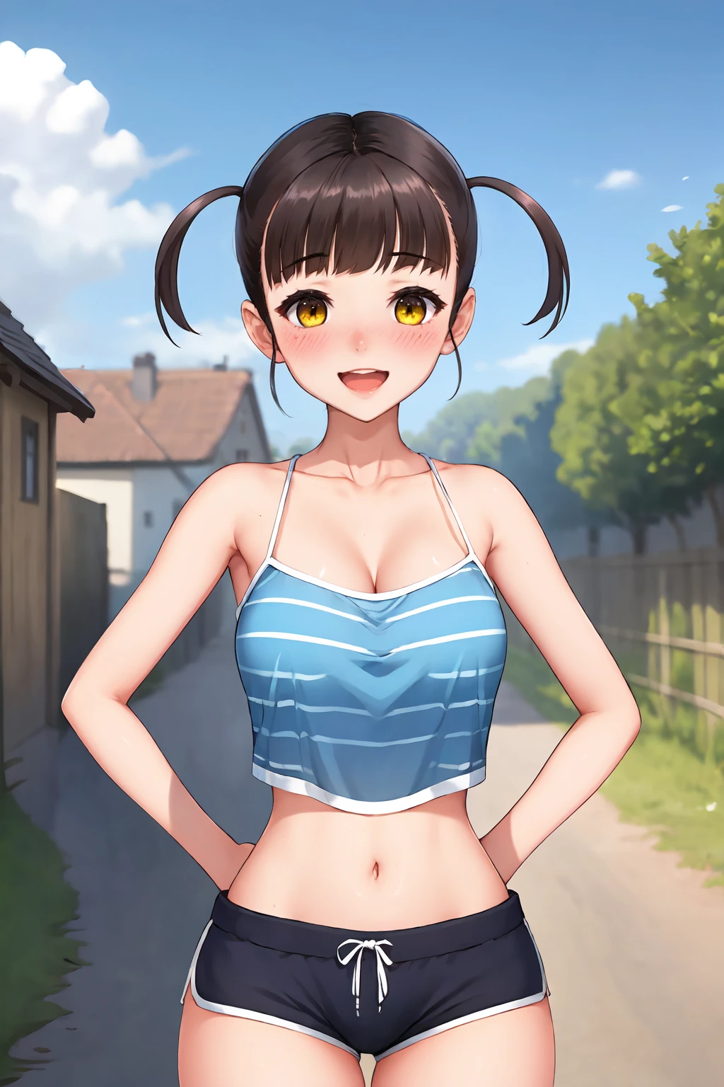 masterpiece, best quality, highres, absurdres, <lora:riana_lora:0.6>, looking at viewer, yellow eyes, short twintails, camisole, midriff, shorts, open mouth, smile, blush, outdoors, countryside, village,