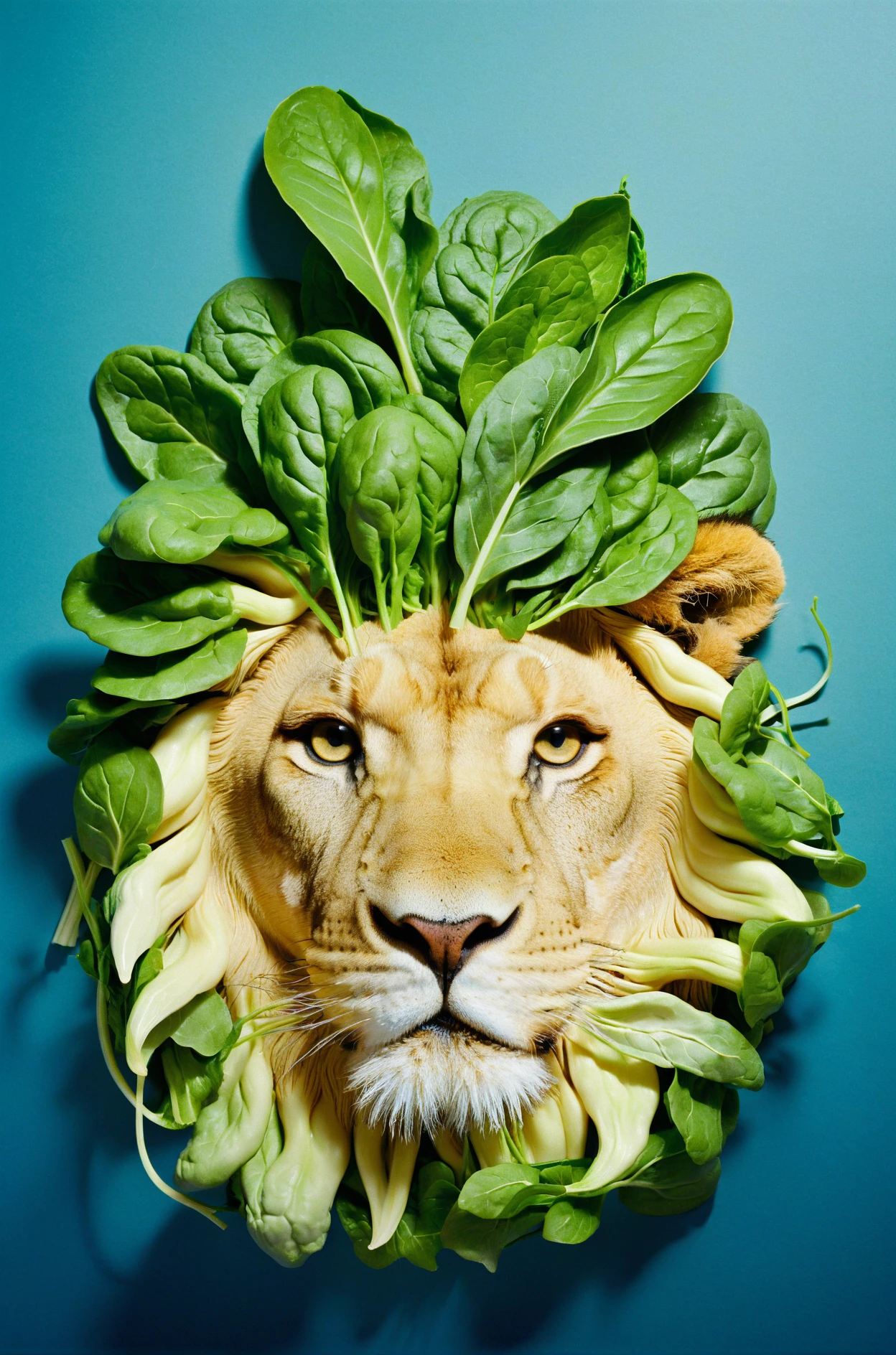 film grain texture,analog photography aesthetic,Surreal composite art, blend of vegetable and feline elements, lion's face seamlessly integrated with a bunch of leafy greens, spinach or a similar leafy vegetable forming a mane-like structure, lion's intense gaze and sharp features, vibrant green leaves against a calm blue background, smooth gradient, crisp lighting highlighting textures, soft shadows adding depth, concept blending natural and animal kingdoms, playful exploration of form and identity, likely digital manipulation.,