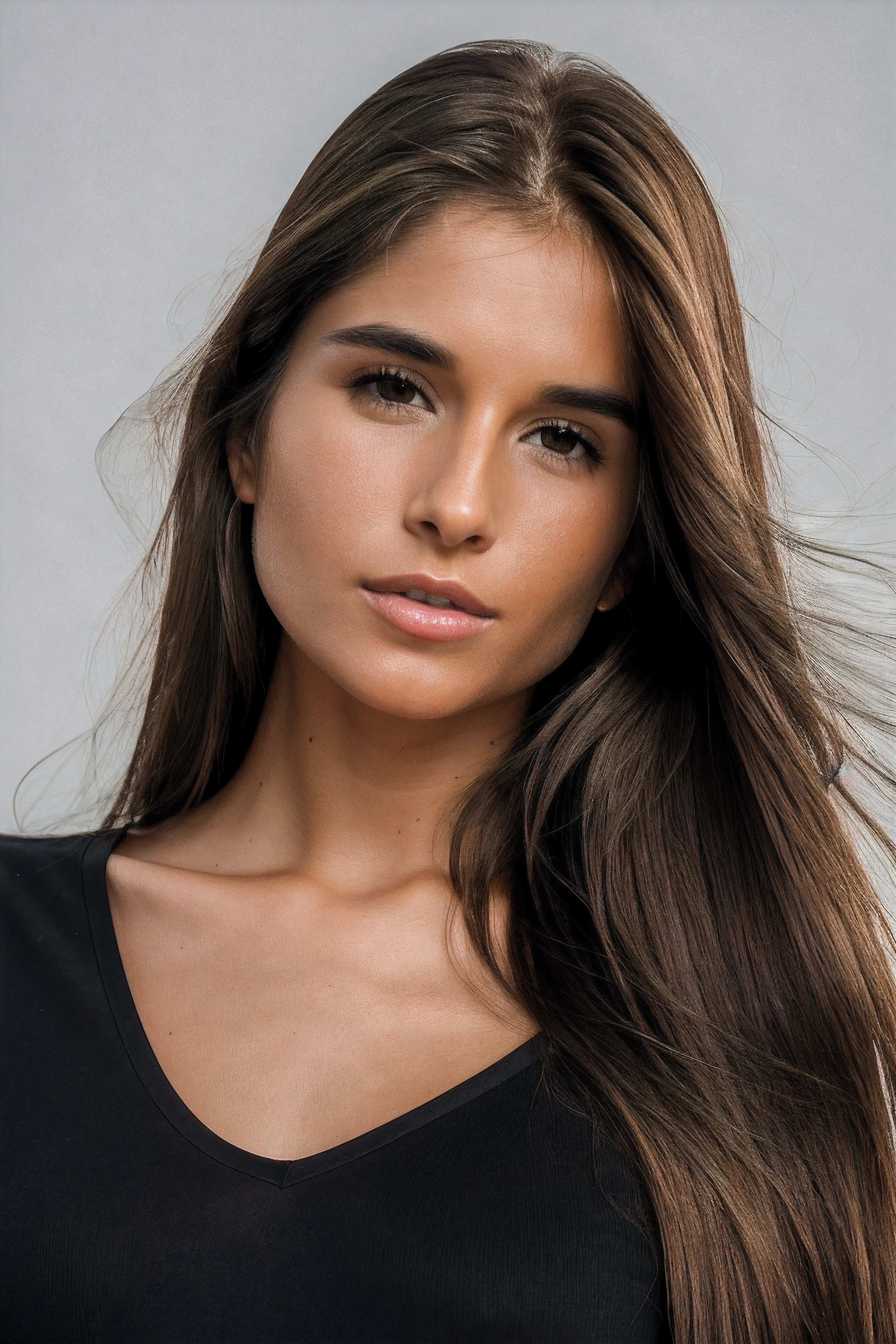 RAW Photo of n3ssadev1l1, long hair, brown hair, brown eyes, tight shirt, high detailed skin, 8k uhd, dslr, soft lighting, high quality, film grain, Fujifilm XT3 <lora:n3ssadev1l:1>