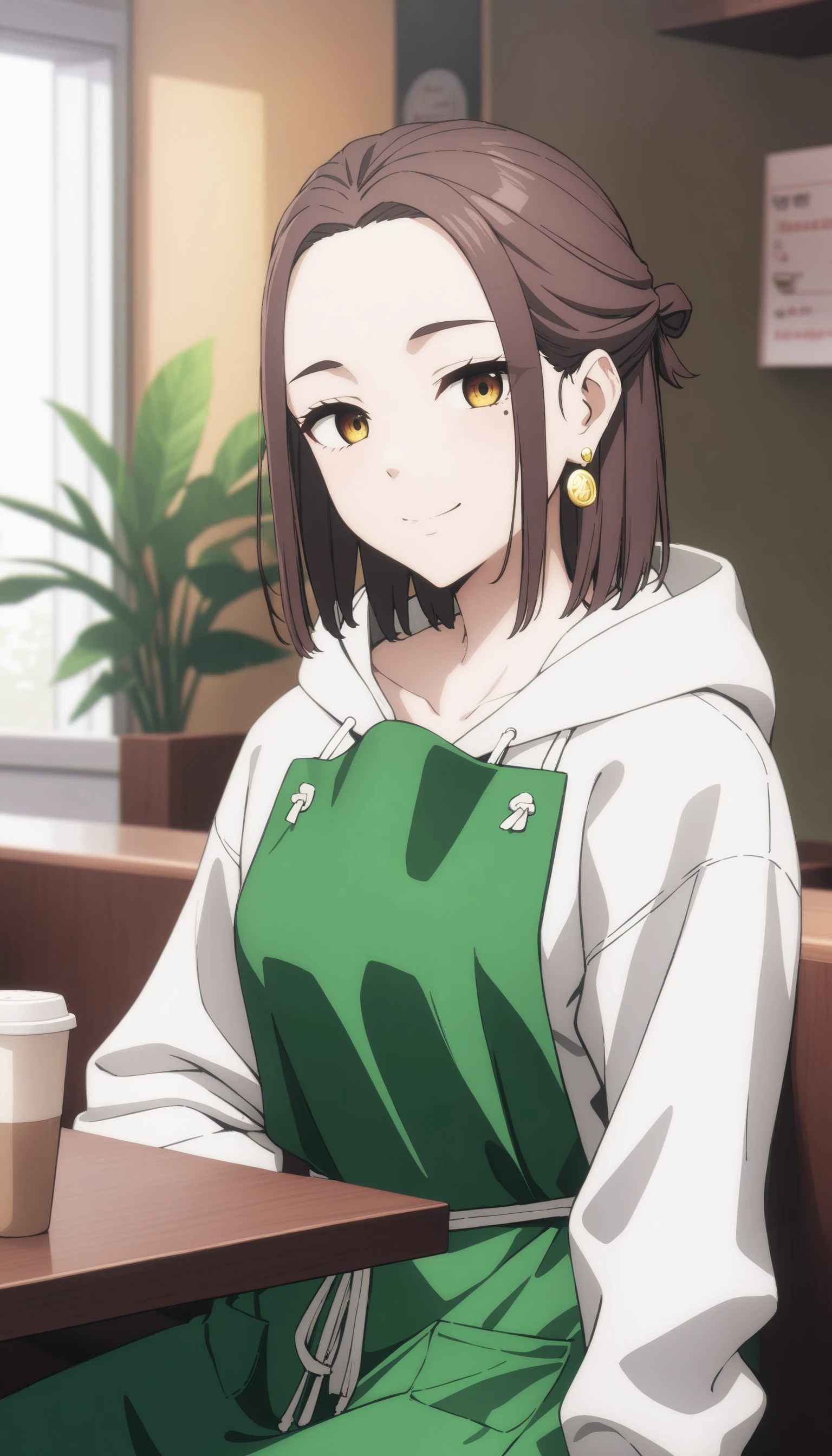 (masterpiece, best quality, very aesthetic, ultra detailed), intricate details,
1girl, kotohaalt, short hair, forehead, mole, earrings, jewelry, collarbone, hoodie, hood down, green apron, smile, looking at viewer, sitting, cafe,   <lora:KotohaXLv1-000006:1>