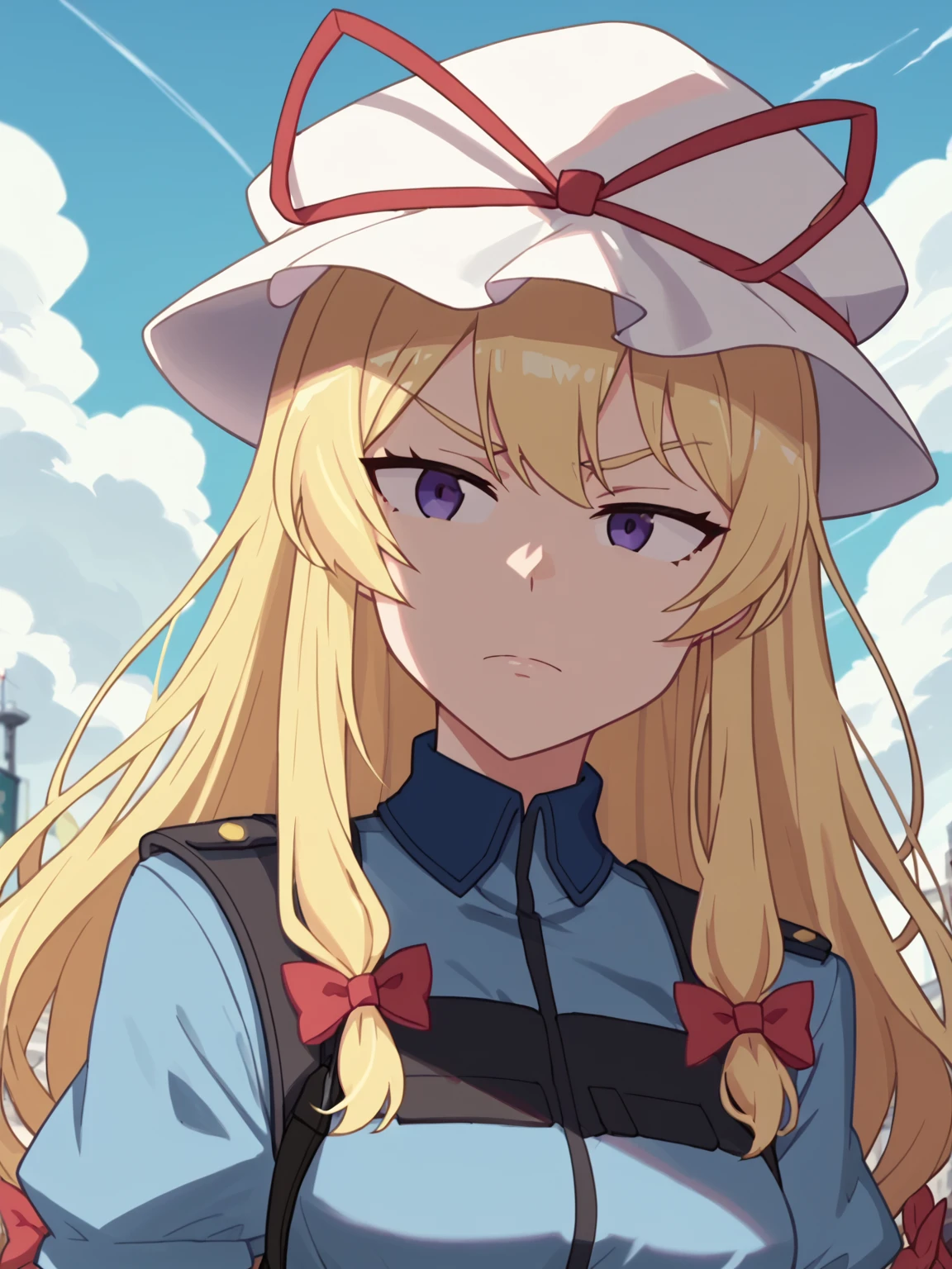 hard shadows, anime screencap, anime_core, score_9, score_8_up, score_7_up, anime screencap, 1girl, <lora:YakumoYukariV4:1> THYukari, police uniform, mob cap, long blonde hair, hair ribbon, <lora:Fizintine_Art_Style_Pony_DIffusion:1> by fizintine
