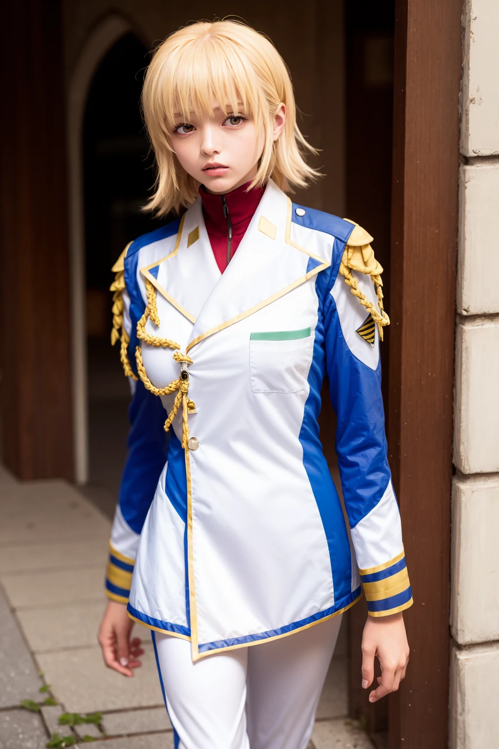 masterpiece, best quality, <lora:cagalli:1>,
1girl,solo,blonde hair, short hair,brown eyes, military uniform, white jacket,white pants,