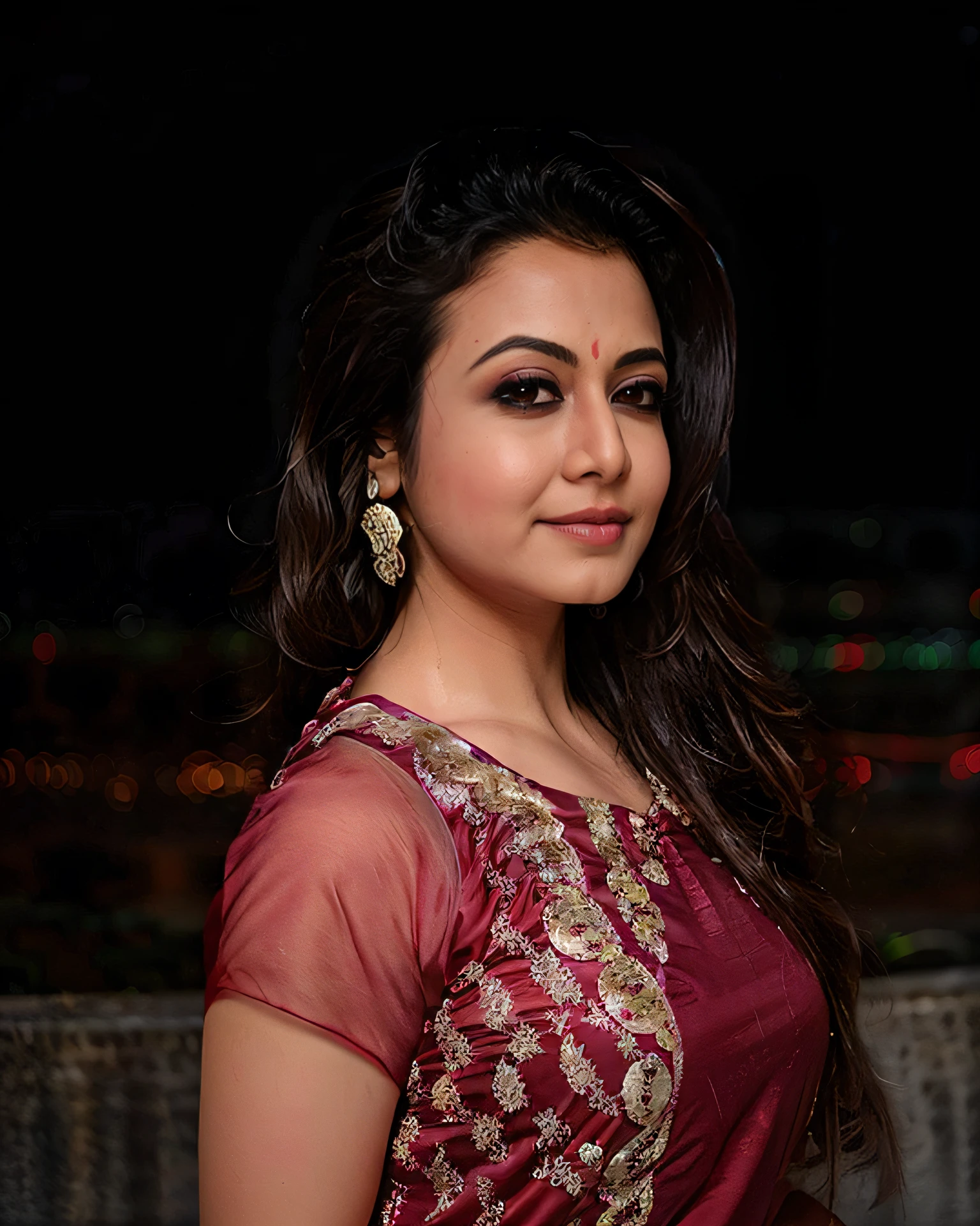 professional potrait photo of a 30-year-old woman, koel, conservatively dressed in intricate Plum clothing, serious expression, solo, night time, city lights bokeh   <lora:koel_Koel_Mallick_SD15_LoRA_prodigy_local_regs-000003:1>