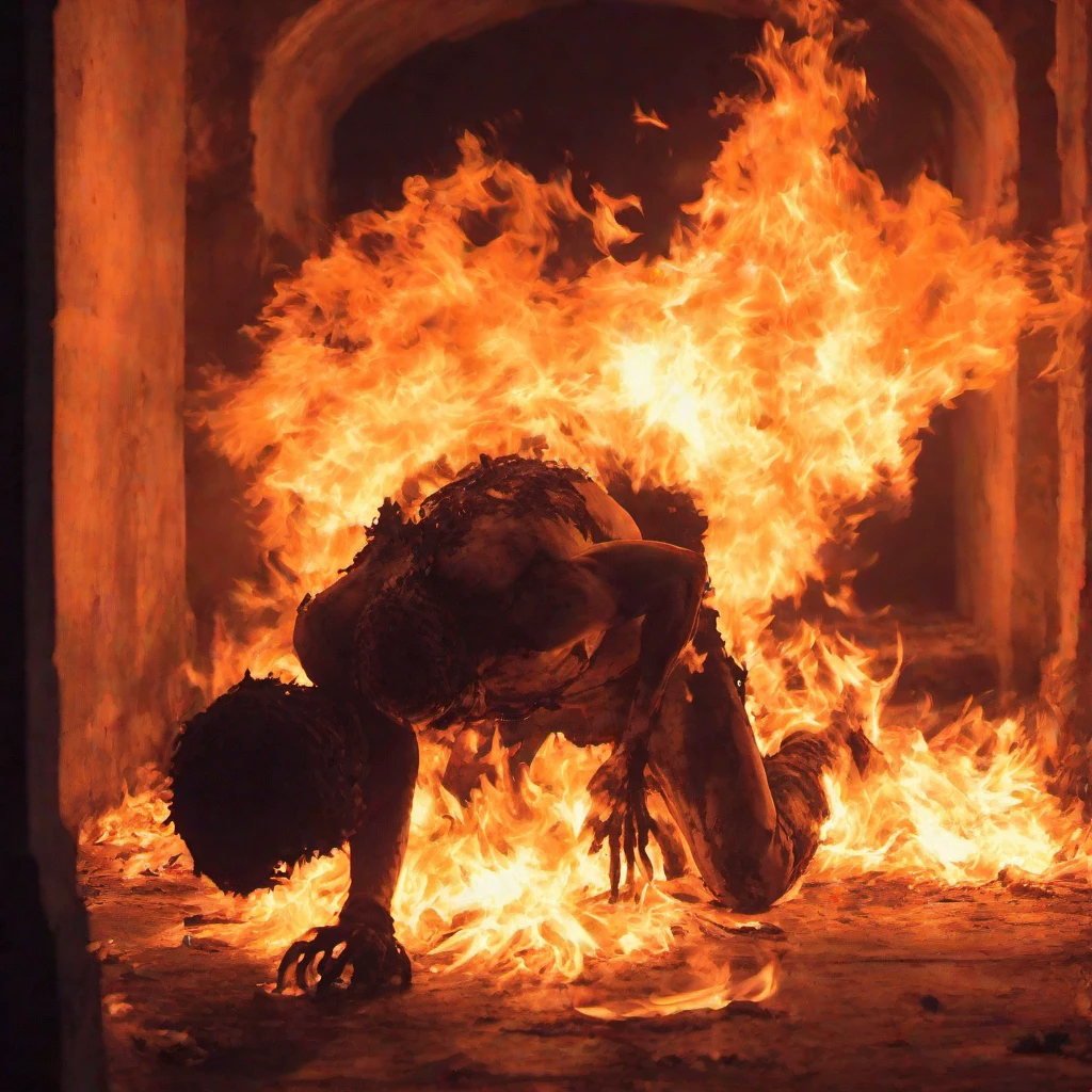 cinematic film,   kneeling begging a naked man  screaming in agony and panic inside a crematorium <lora:crematorium-000018:1>, (flames:1.4), nuzzles on the side of the walls spewing fire, ( flame jet:1.8), bones and skulls and ashes on the floor, eyes wide open, (inferno:1.4), charred body