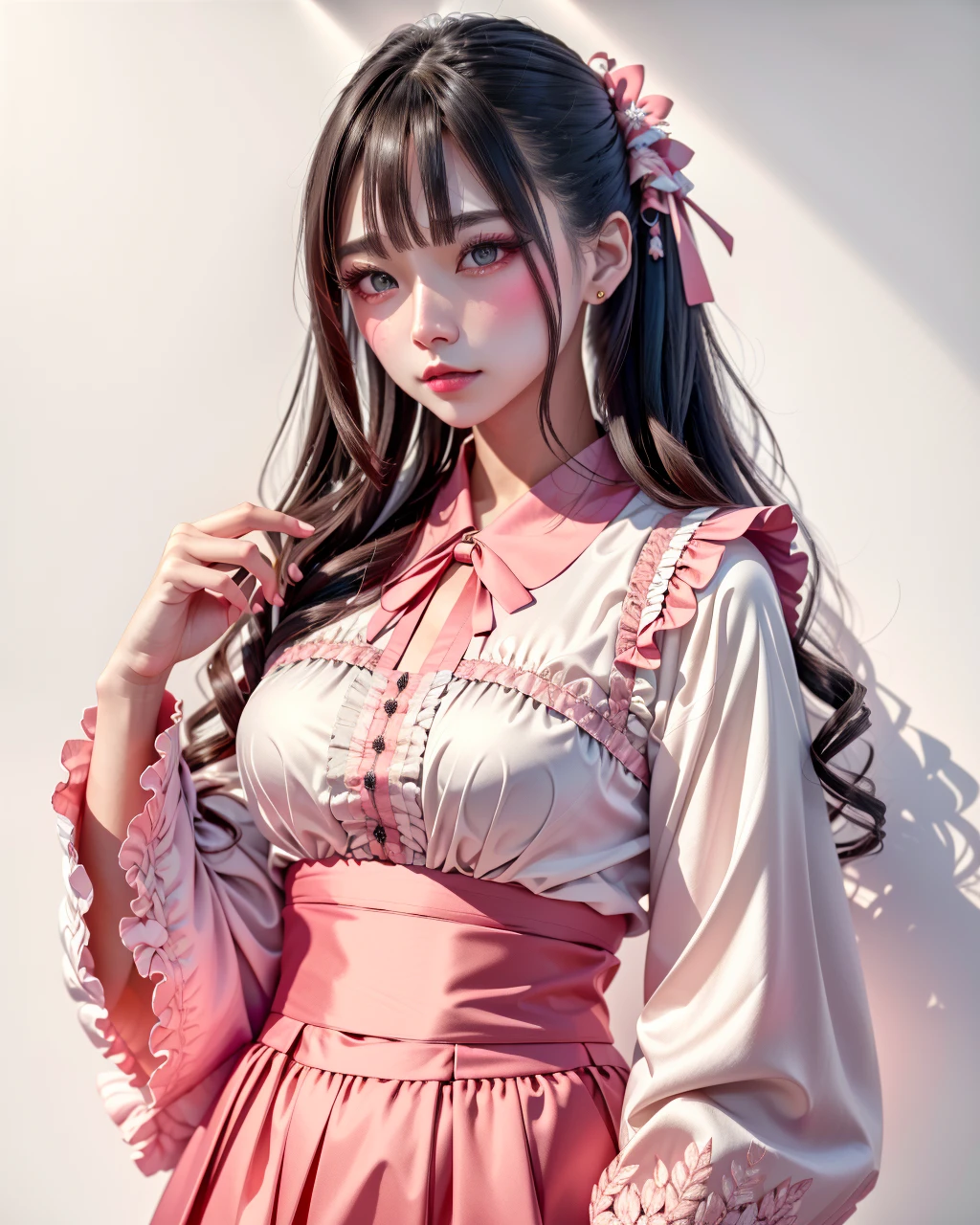 best quality,masterpiece,highly detailed,ultra-detailed, silk clothes
1girl,makeup, fashion, pink clothes,realistic, long sleeves, see-through sleeves, white background, 
 <lora:neg9V2_last:0.5> 
 <lora:jirai2:1> å°é·ç³», jirai