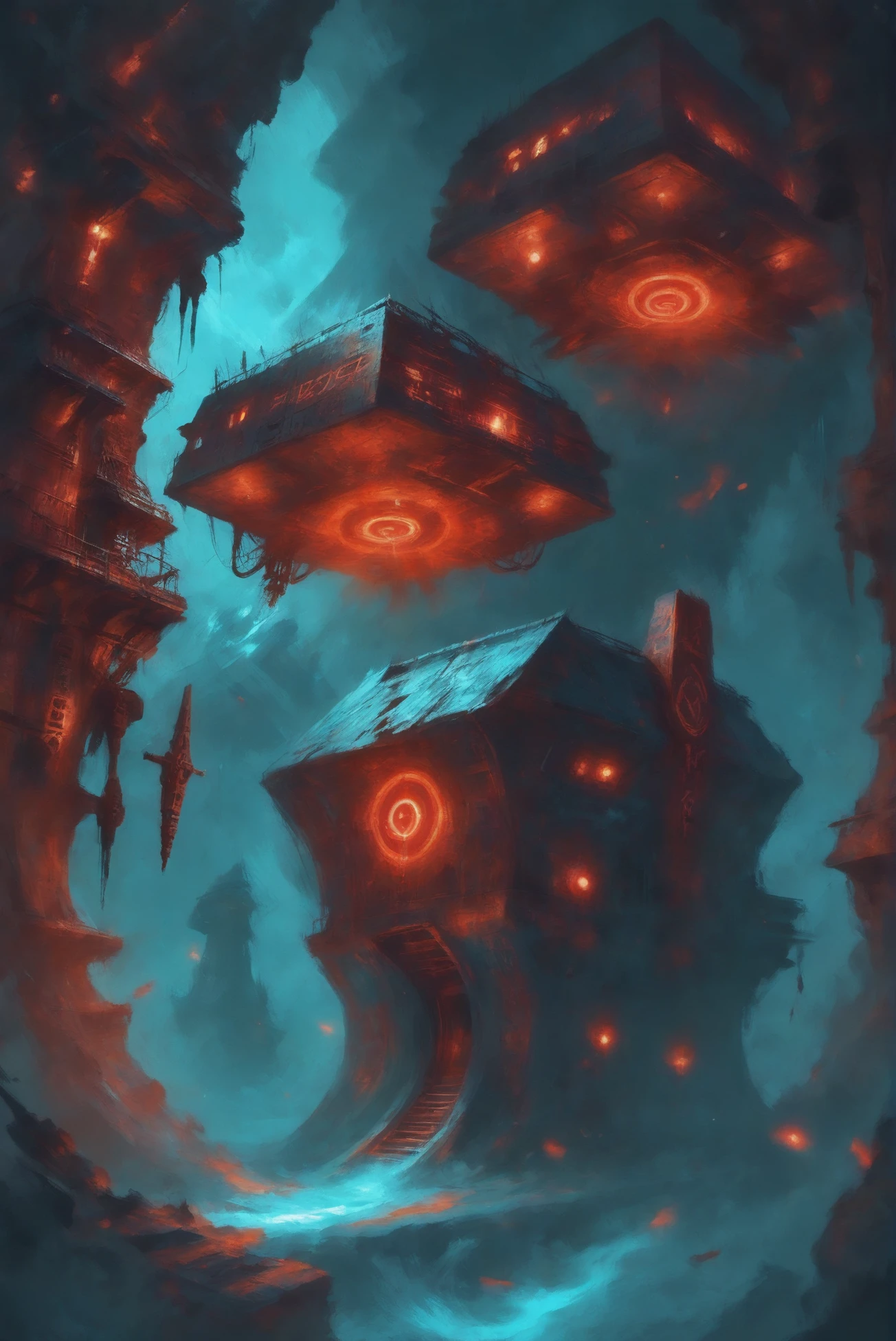 digital painting, duotone red and turquoise, glowing runes, abandoned scifi settlement outside of the multiverse<lora:EnvyStarlightSurreality01:1.2>