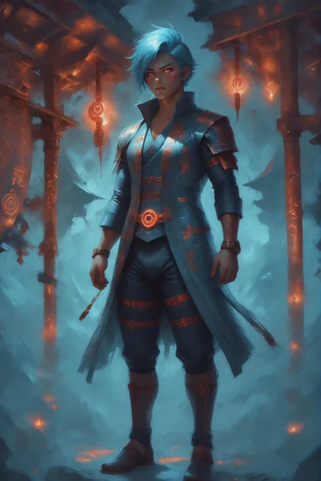 digital painting, duotone red and turquoise, glowing runes, (full body:1.2), 1boy, man, masculine, solo, [:formal costume design,:0.2] gunslinger, japanese, midnightblue hair, (chubby:1.2) build, morning, architecture, "at the Ethereal Dimension"<lora:EnvyStarlightSurreality01:1.2>