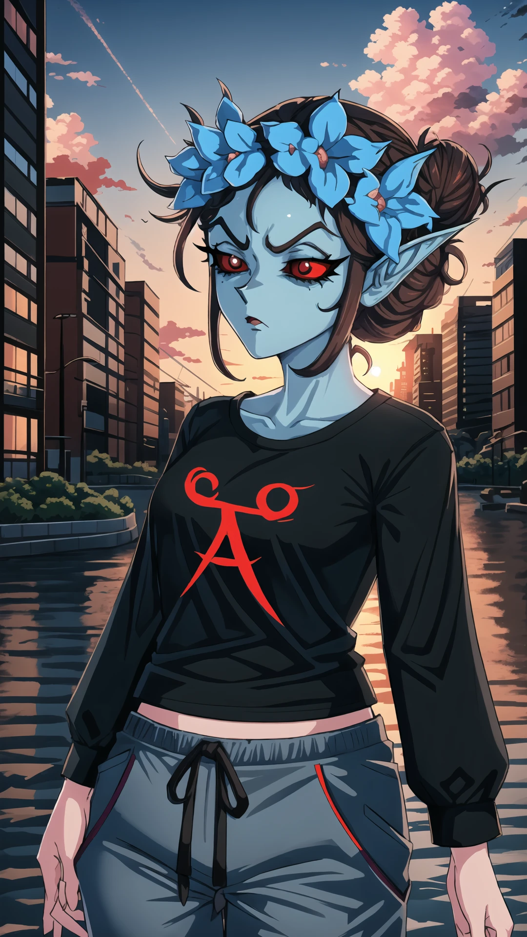 <lora:LettersOnShirtV2:1> WrOnCl, Print-A, city, cityscape, skyline, clouds,  <lora:azura:0.8> azura, blue skin, pointy ears, black shirt, hair bun, pants, red sclera, hair flower