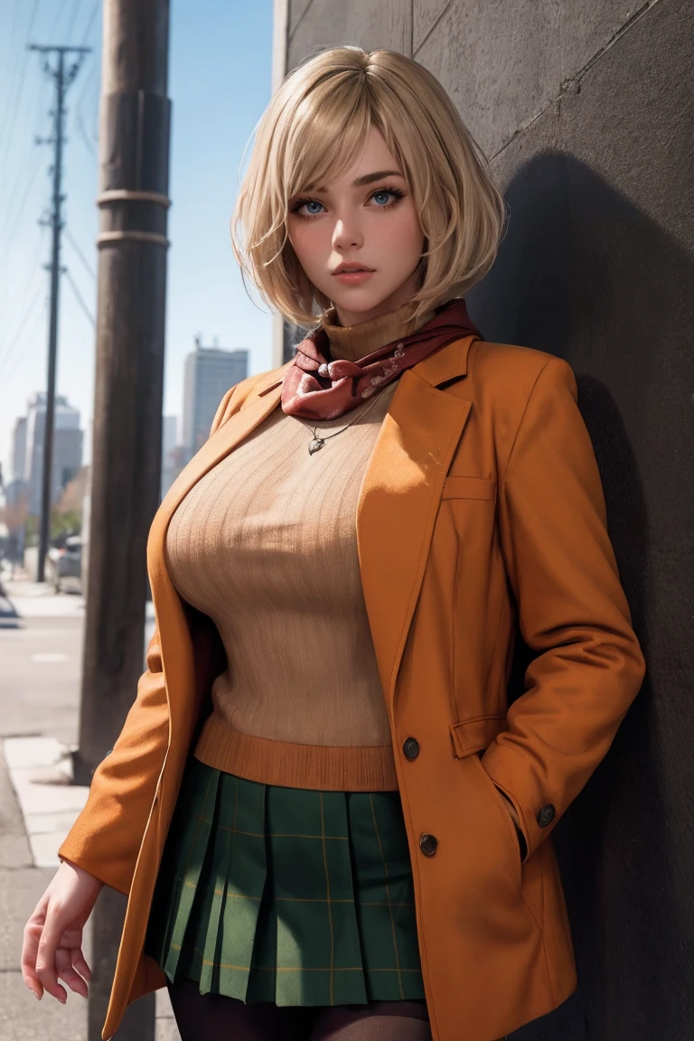 Ashley_Jacket_ownwaifu,
1girl, short hair, blonde hair, lips, parted lips, freckles, nose, bangs, bob cut, thighs, blue eyes,  breasts, large breasts, necklace, 
jacket, skirt, pantyhose, sweater, coat, red scarf,  green skirt, school uniform, jewelry, open jacket, long sleeves, turtleneck, black pantyhose, miniskirt, pleated skirt,  ribbed sweater,  orange sweater, orange jacket, 
<lora:GAME_ResidentEvil4Remake_Ashley_ownwaifu:0.65>  
(masterpiece), (best quality), (highres), (extremely detailed CG unity 8k wallpaper), outdoors, day, cowboy shot, looking at viewer, solo, focused,