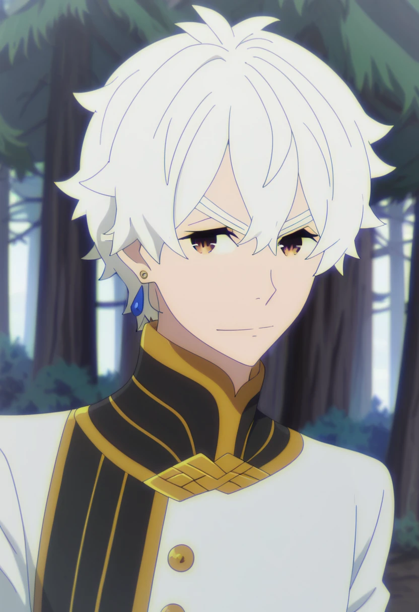 <lora:Regulus_Corneas:1> regulus corneas, 1boy, brown eyes, earrings, jewelry, looking at viewer, male focus, regulus corneas, solo, tree, upper body, white hair