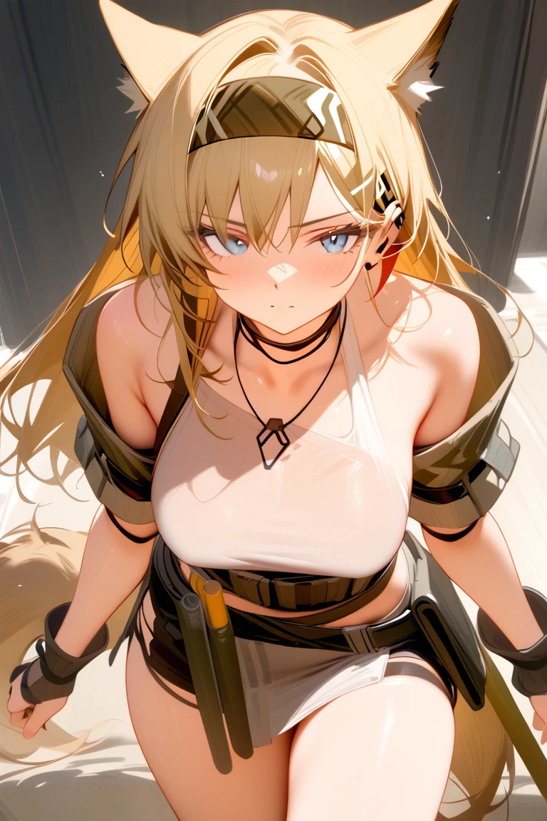 masterpiece,best quality,very aesthetic,absurdres,medium breasts,horn\(arknights\),horn.horn_arknights,arknihgts,cowboy shot,wolf girl,hairband,animal ears,blue eyes,looking at viewer