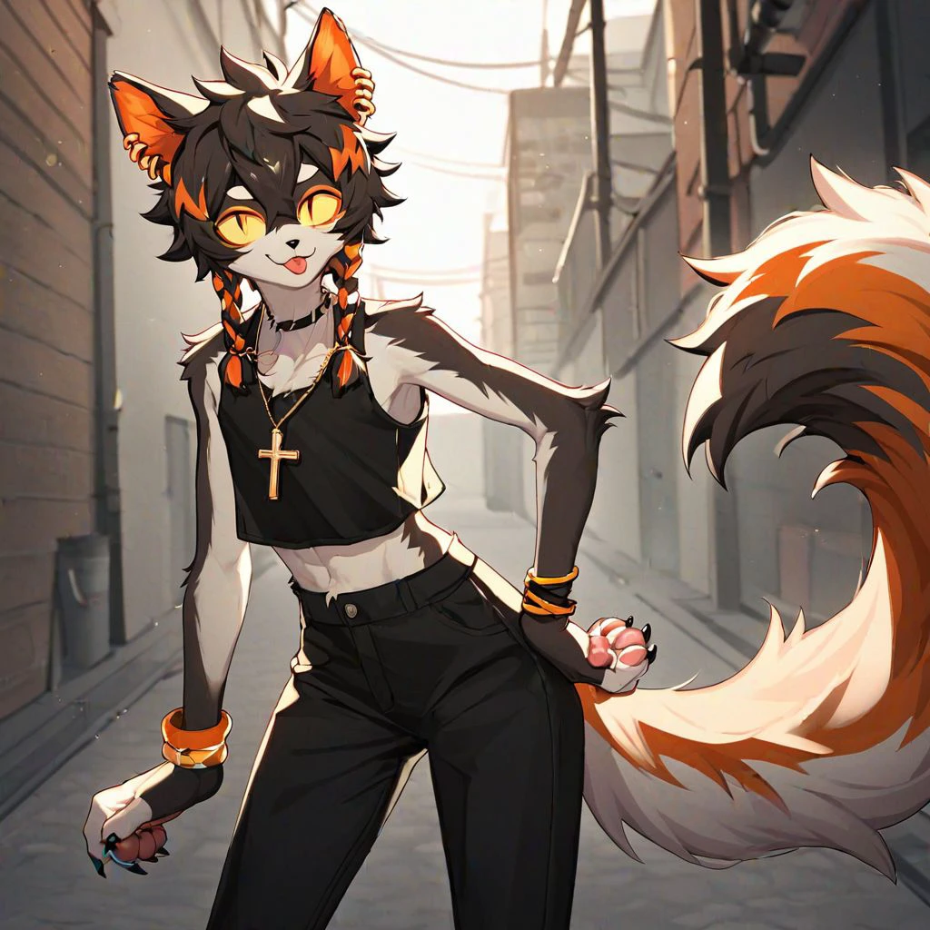 score_8_up, 4k, (anime, kemono, furry, soft lighting), 1boy, alley, solo anthro slim girly male cat (Aak (Arknights)), tongue out, fluffy, fuzzy, looking at viewer, white face, black nose, black hair, orange braid, hair obscuring eye, orange braid, yellow sclera, earrings, fluffy tail, slit pupils, black cropped tanktop, orange mascara, bracelets, black pants, cross necklace, paws, pink pawpads, black claws,