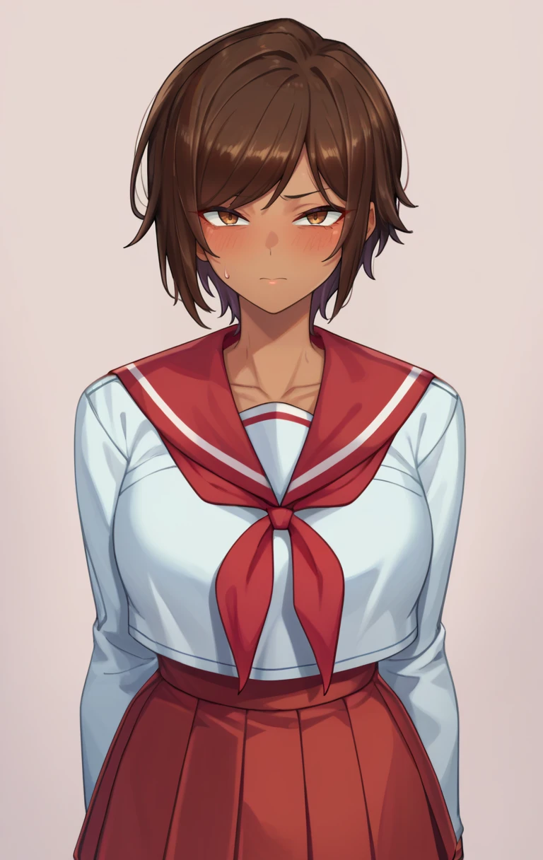 score_9, score_8_up, score_7_up, BREAK <lora:outis:1> outisSDXL, 1girl, solo, looking at viewer, blush, short hair, skirt, simple background, brown hair, shirt, long sleeves, brown eyes, closed mouth, school uniform, collarbone, white shirt, cowboy shot, pleated skirt, serafuku, dark skin, sailor collar, sweatdrop, dark-skinned female, neckerchief, red skirt, red sailor collar
