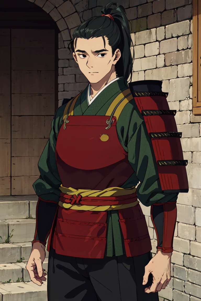 solo male, Shuro \(Delicious in Dungeon\), samurai, black eyes, black hair, ponytail, neat hair, shaved face, japanese armor, green Juban \(kimono\), breastplate, kusazuri, shoulder armor, sode, kote, puttee, sandals, handsome, charming, alluring, standing, upper body, perfect anatomy, perfect proportions, best quality, masterpiece, high_resolution, dutch angle, cowboy shot, photo background<lora:EMS-352607-EMS:0.800000>