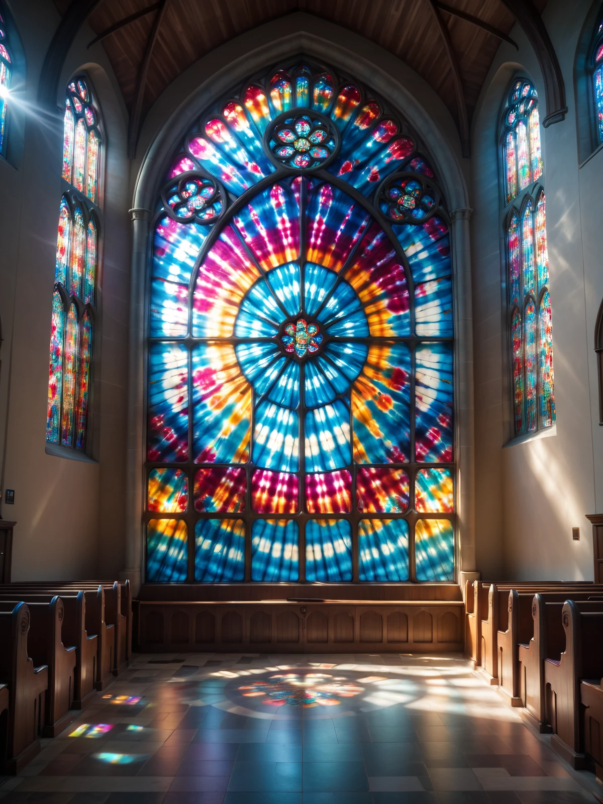 colorful mad-tie-dye stained glass window in a church, lightray, cinematic shot <lora:Colorful_TieDye_SDXL_v2:0.8>, masterpiece, best quality, ultra high res, (photorealistic, realistic:1.2), deep shadow, raw photo, film grain, Fujifilm XT3, 8k uhd, dslr