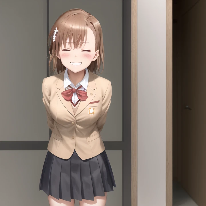 (Misaka Mikoto:1.1), solo, standing, leaning forward, shirt, brown hair, medium hair, arms behind back, jacket, skirt, closed eyes, grin, happy, blush, hairclip, city, tokiwadai school uniform,