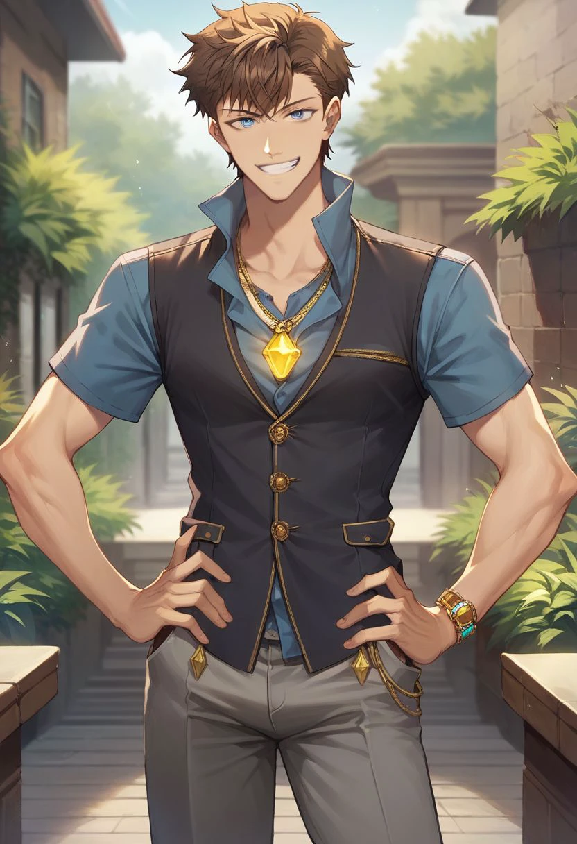 score_9, score_8_up, score_7_up, 
1boy, solo, adult, brown hair, blue eyes, black simple vest, blue shirt, yellow gem necklace, grey pants, hands on hip, nori, smile, looking at viewer,
masterpiece, best quality, very aesthetic, absurdres