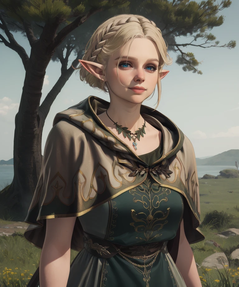 Doireann,blonde hair,short hair,braid,pointy ears,blue eyes,
green dress,necklace,capelet,light smile,looking at viewer,
outdoors,spring,
(insanely detailed, masterpiece, best quality),solo,<lora:Doireann:0.8>,