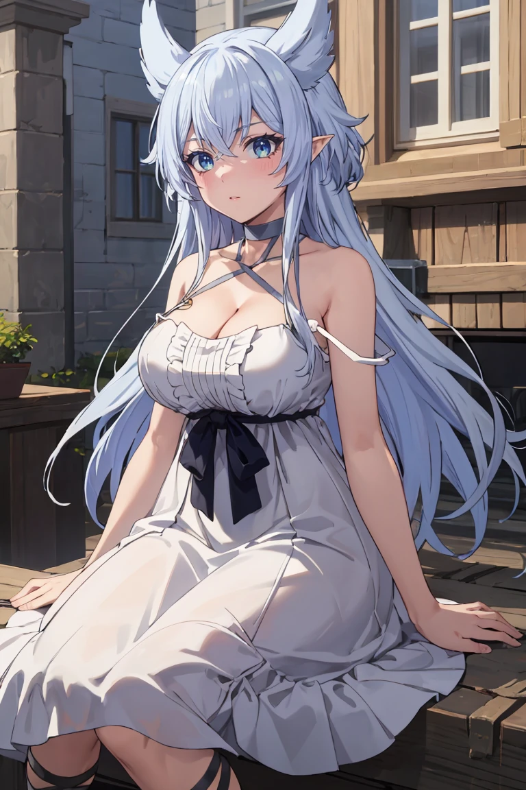 masterpiece, best quality, ultra-detailed, glistening shiny, glowing light, ray tracing, HDR, deph of field, (perfect face, detailed face),  <lora:Fenrys:0.7>, fenrys, long hair, blue eyes, hair flaps, pointy ears, large breasts, white dress, black bow, gray choker, strap slip, cleavage, cross-laced footwear