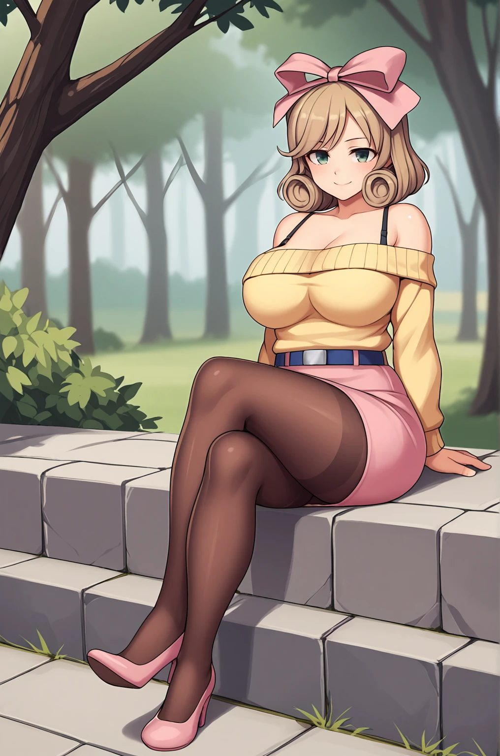 anime artwork, score_9, score_8_up, score_7_up, score_6_up, score_5_up, score_4_up, source_anime, BREAK, thick outline, fat outline,
Haruka_XL, light brown hair, short hair, drill hair, hair ribbon, green eyes, large breasts, BREAK, Haruka_casual, yellow off-shoulder sweater, brown pantyhose, pink skirt, blue belt, bra strap, pink high heels, BREAK, sitting, crossed legs, outdoors,
<lora:Haruka_XL:0.7>
<lora:PersonalAmi_PonyXL:1.0>