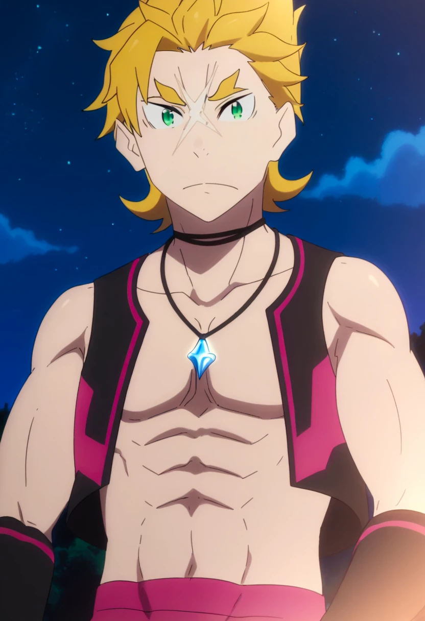 masterpiece, best quality, high quality, 1boy, solo, male focus, looking at viewer, view from front, upper body, lemiel_silvamillion_clover, blue eyes, blonde hair, upper body, slim body, (shirtless, topless, bare chest), smile, shower, river, (tatoo, tatoo on stomach)