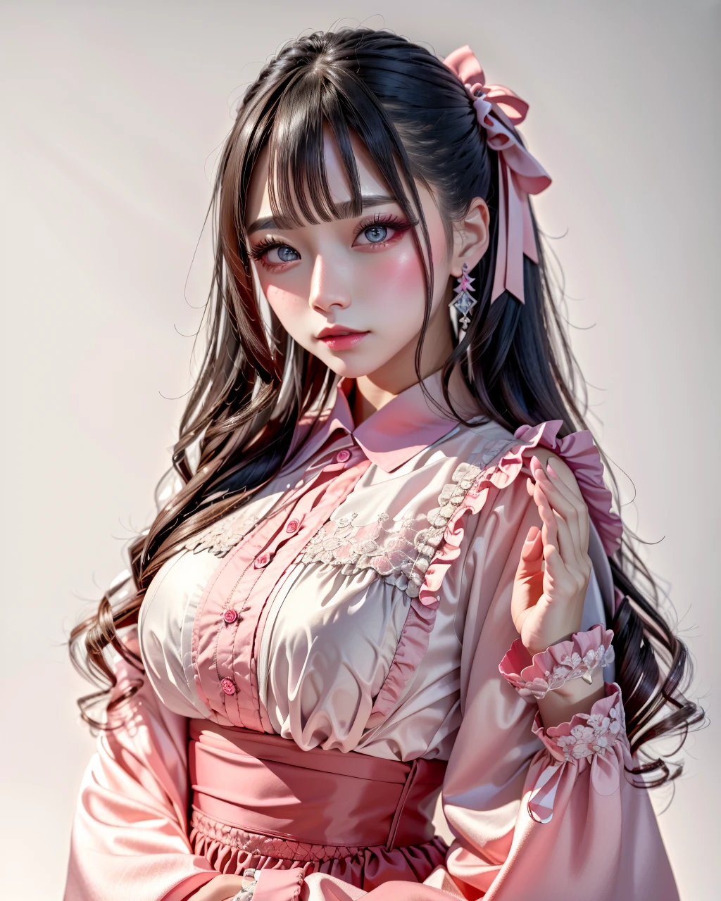 best quality,masterpiece,highly detailed,ultra-detailed, silk clothes
1girl,makeup, fashion, pink clothes,realistic, long sleeves, see-through sleeves, white background, 
 <lora:neg9V2_last:0.5> 
 <lora:jirai2:1> å°é·ç³», jirai