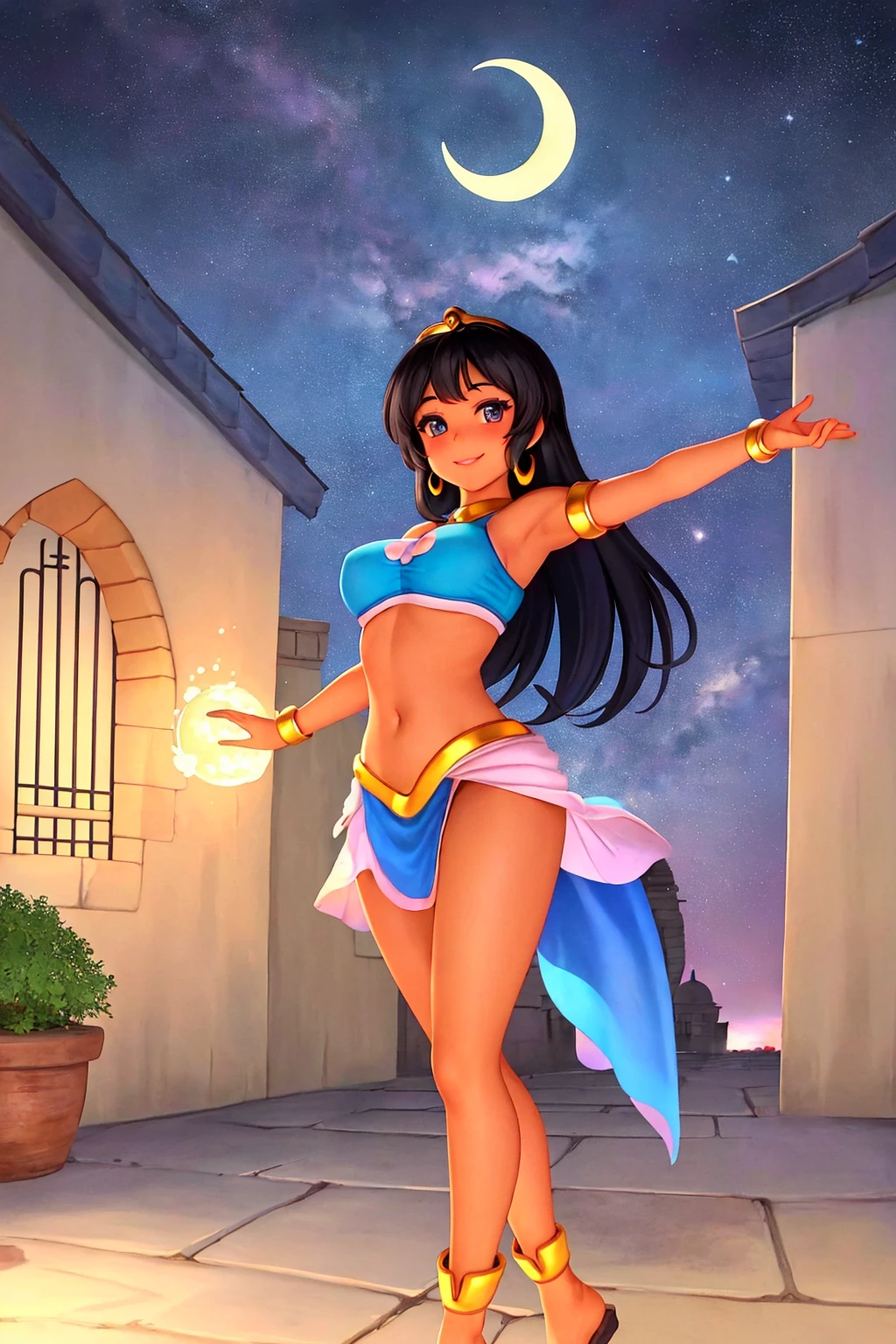 masterpiece, ultra-detailed, best quality, illustration, 8k cg wallpaper, an extremely delicate and beautiful, 1girl, Princess Jasmine /(Aladdin/), solo, perfect anatomy, smiling, blushing, dark skin, perfect arms, perfect legs, cute, pretty, beautiful, sexy, perfect body, (background: Arabian city, Arabian buildings, night sky, moon, stars, intricately detailed items in background), <lora:Beyond_Eyes:0.8>