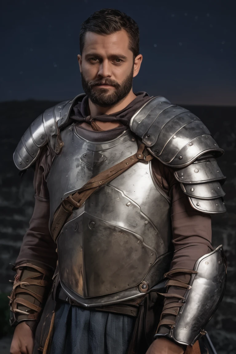 Cinematic powerful general in metal medieval armour, short beard and brunette hair, army camp in background, with cape