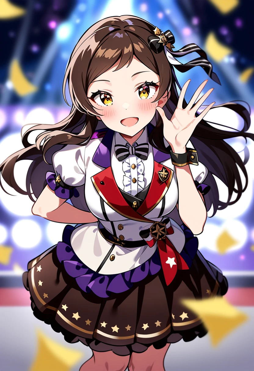 masterpiece, best quality, very aesthetic, absurdres,
kitazawa shiho, dream prelude, 1girl, brown hair, solo, open mouth, smile, wrist cuffs, black skirt, :d, looking at viewer, hand on hip, white shirt, brown eyes, confetti, hair bow, center frills, blurry background, star \(symbol\), puffy short sleeves, frills, blush, star print, leaning forward, black bow, hand up, white jacket, black neckwear, striped bow, floating hair, standing, collared shirt, buttons, depth of field, swept bangs, armband, pleated skirt, back bow, one side up, sash, dress shirt, yellow eyes, feet out of frame, white bow, hair ribbon, double-breasted, badge, hair ornament, epaulettes, layered skirt, frilled shirt, miniskirt, bent over, medium breasts, very long hair, eyebrows visible through hair, arm behind back, striped neckwear, cowboy shot, parted bangs, wing collar, sidelocks, gold trim, stage, frilled skirt, waving, underbust, black ribbon, red bow, frilled sleeves, wristband, striped ribbon, white blouse, black bowtie, hand on own hip, print skirt, striped bowtie, multicolored clothes, brown skirt, open hand, open jacket
<lora:kitazawa_shiho_sdxl_ani31_p_locon_v1:0.8>