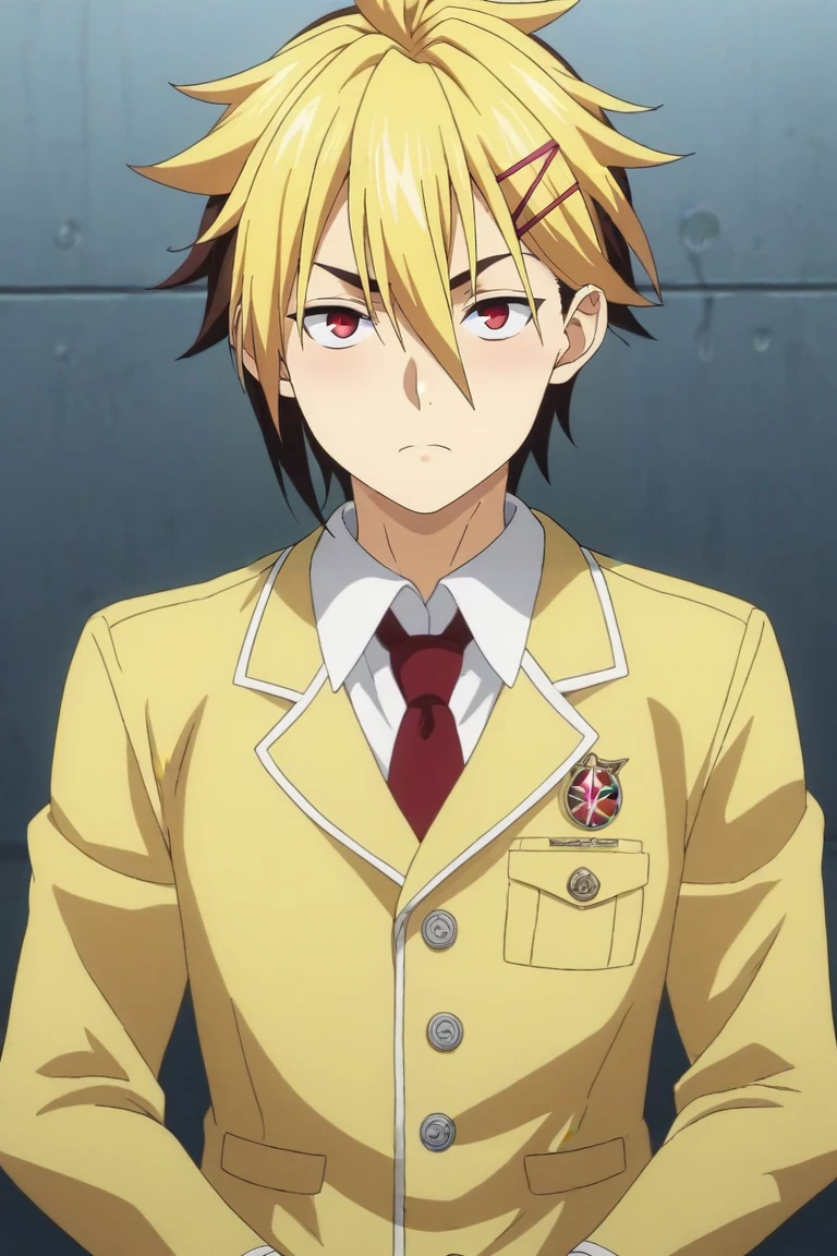 score_9, score_8_up, score_7_up, source_anime, (realistic:0.6), looking at viewer, , , 1boy, solo, male focus, <lora:terunori_kuga_pony:0.88>, terunori_kuga, blonde hair, red eyes, multicolored hair, two-tone hair, brown hair, dyed bangs, hair ornament, hairclip, bangs, hair between eyes, , world war 2, Arms folded, conveying defensiveness, <lora:sdxl_lightning_8step_lora:1>