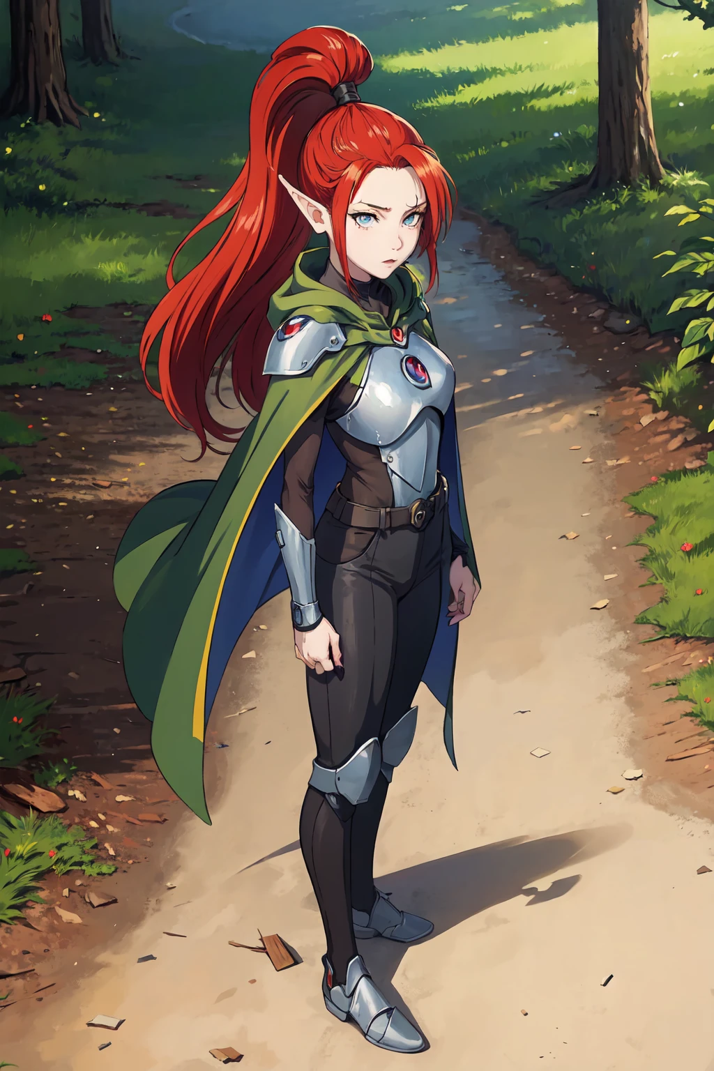 ((masterpiece,best quality)),,1girl,yrlietrt,solo,elf,high ponytail,standing,full body,armor,pants,cape,arms at sides,expressionless,in forest,detailed background, <lora:YrlietRT:0.7>, fcDetailPortrait