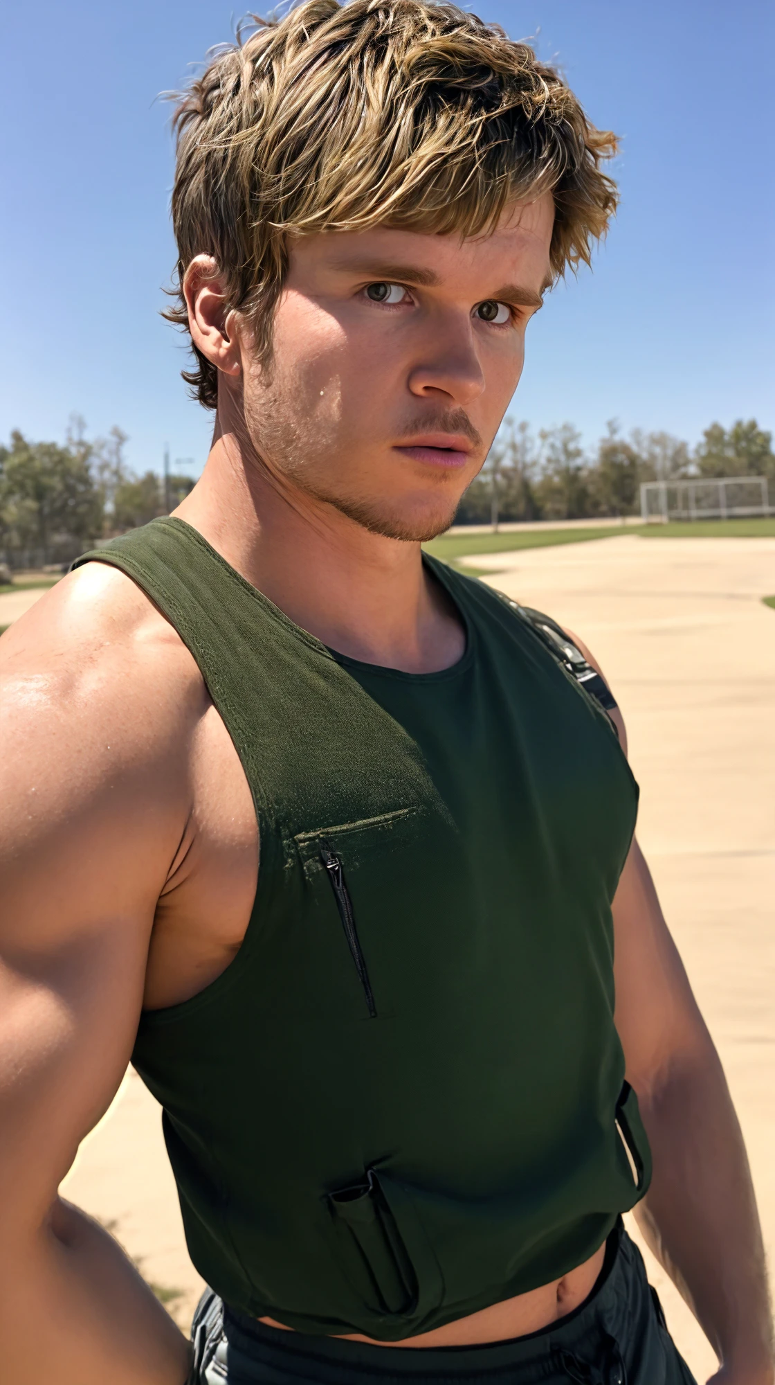 <lora:BulkedUpAIR1.5:0.2>, handsome face, (close up shot:0.7), at outdoor military base, sweaty:1.2, , wearing military shorts, (wearing open SWAT vest:1.1), confident, handsome, (((masterpiece))), (((best quality))), <lora:more_details:0.1>, large pectorals, big muscles:0.5, ((hands on waist), ((short hair:1.5)), (gelled up hair:1.3), male, lower color saturation:1, lower contract color:1, JasonStackhouse, <lora:JasonStackhouse (1):1>