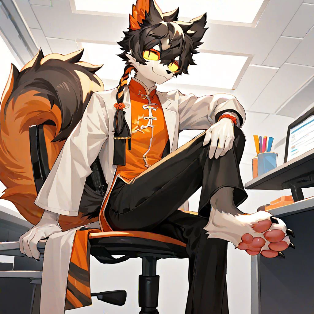 score_8_up, 4k, (anime, furry, kemono, soft lighting) 1boy, laboratory, office, solo anthro male feline (Aak (Arknights)), looking at viewer, smug, white face, black nose, slim body, black hair, orange braid, yellow sclera, fluffy tail, slit pupils, chinese clothing, orange vest, orange mascara, white coat, black pants, sitting on office chair, paws, pink pawpads, black claws,