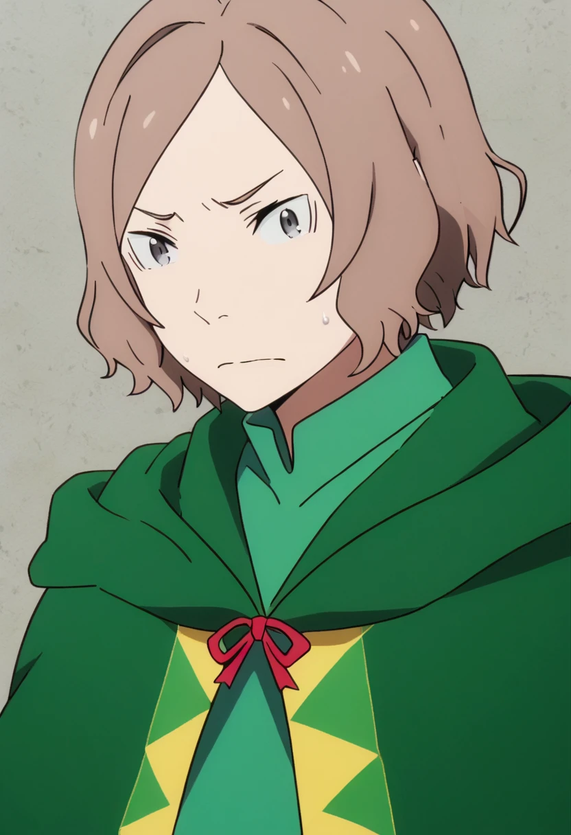 <lora:Otto_Suwen:1> Otto Suwen, solo, 1boy, male focus, frown, closed mouth, brown hair, short hair, sweatdrop, grey eyes, looking at viewer, anime coloring, portrait, bangs