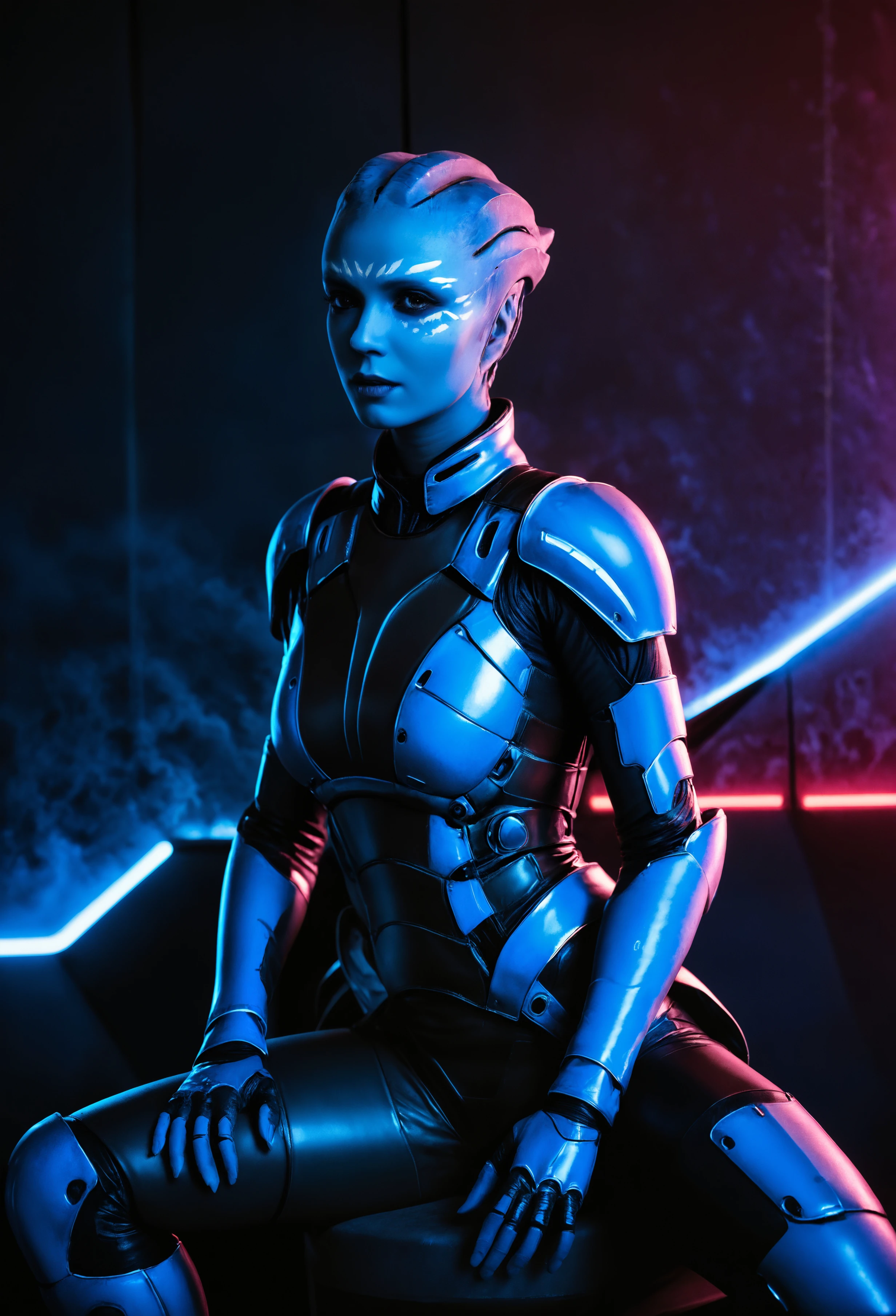 zavy-asari, glamour shot of a beautiful young woman wearing high-tech sci-fi armor sitting in a nightclub in the dark, laser lights, subsurface scattering, clean