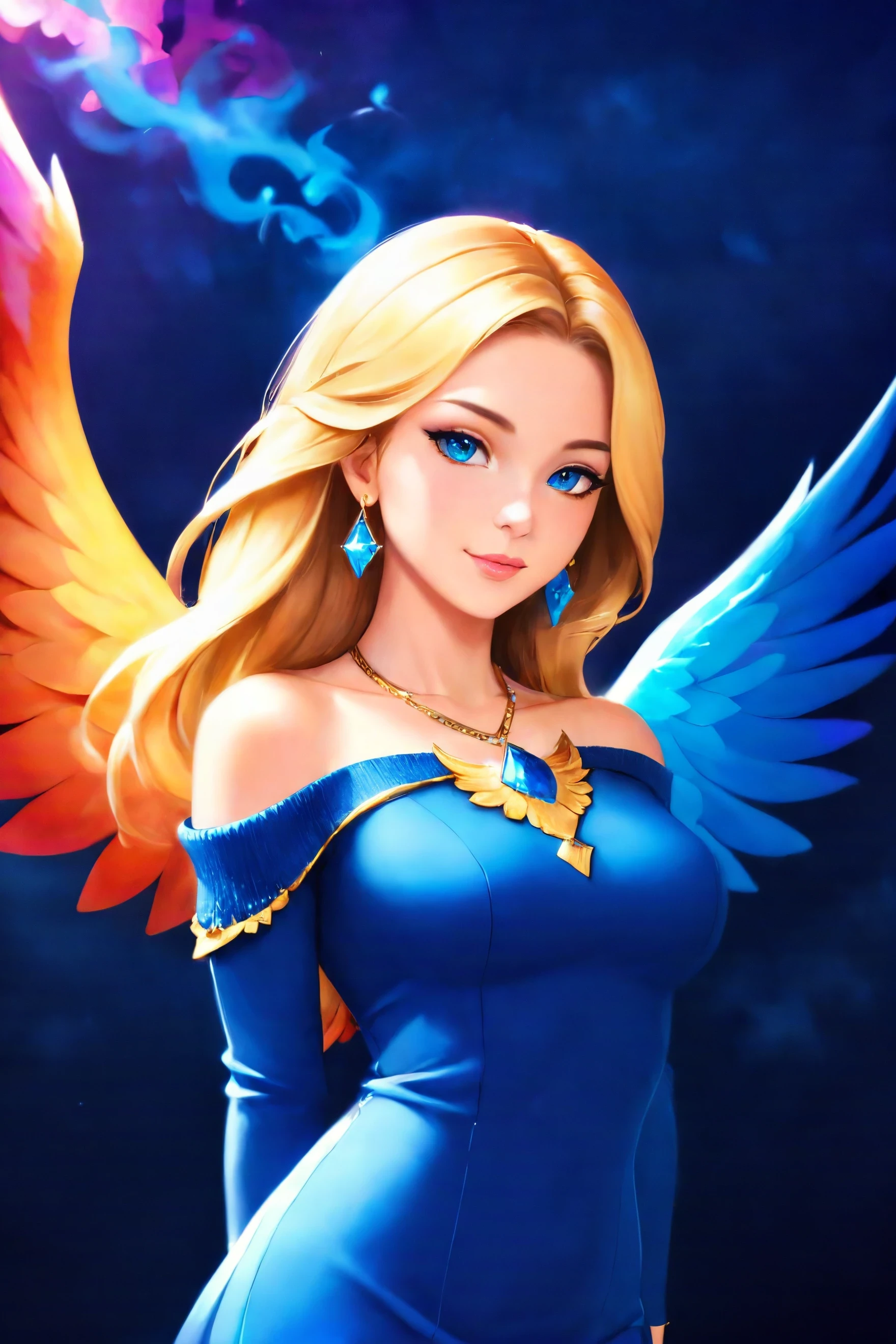 colorful smoke <lora:colorful_03_colorful_smoke:0.8>,
a very pretty woman standing, in a blue sweater and wings on her back, modest, with a blue dress and necklace, Artgerm, sots art, unreal 5, concept art, armlet, blonde_hair, blue_eyes, blurry, blurry_background, depth_of_field, earrings, gem, jewelry, looking_at_viewer, medium_breasts, realistic, solo, upper_body, wings, abbe bi style, [cartoon, vector art, anime :realistic, real life, hyper realistic:0.15],,
amazing, beautiful, breathtaking, astonishing, brilliant,