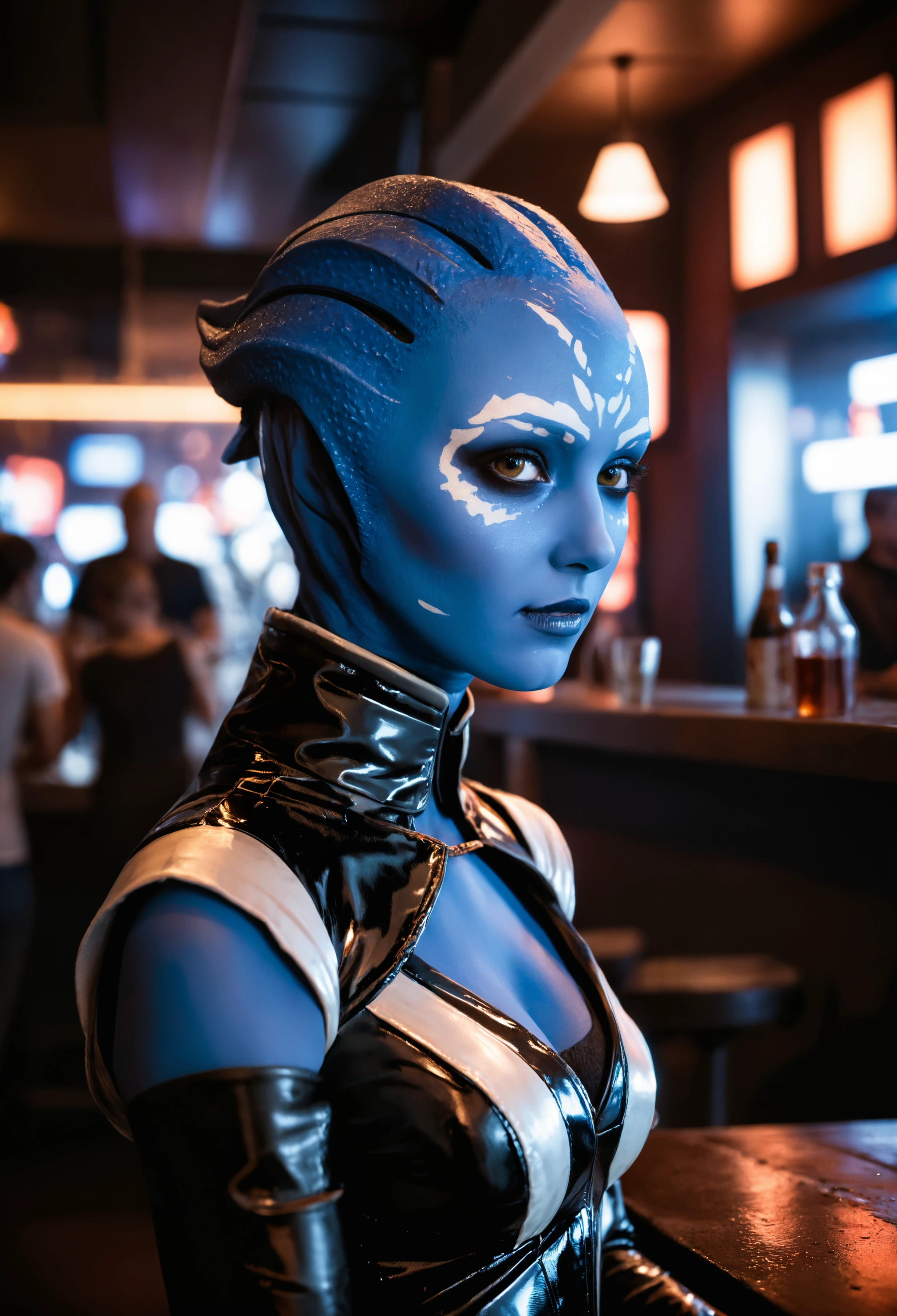 zavy-asari, glamour shot of a beautiful young woman in fancy dress in a bar, looking at viewer, subsurface scattering, clean, portrait, macro, close-up,