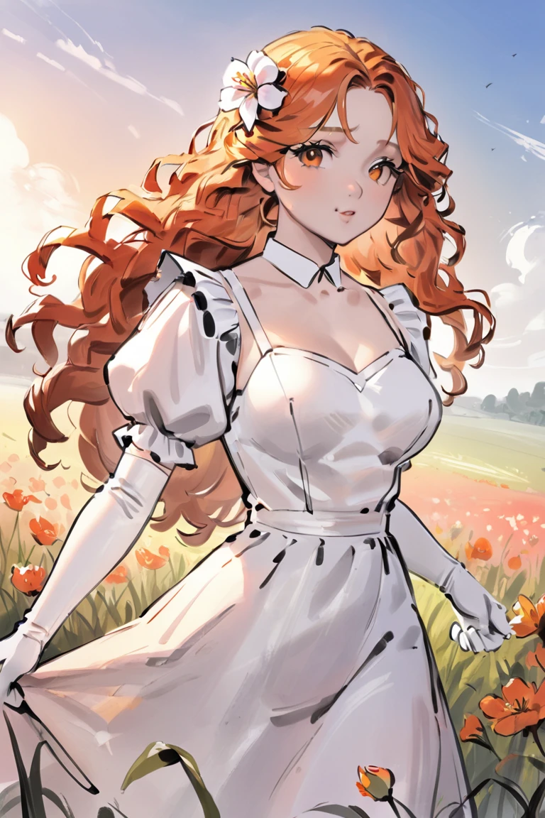 masterpiece, best quality, hi res, newest, 1girl, solo, long hair, curly hair, wavy hair, orange hair, orange eyes, looking at viewer, breasts, dress, white dress, puffy sleeves, puffy short sleeves, short sleeves, gloves, elbow gloves, white gloves, three-quarter portrait, closed mouth, standing, outdoors, field, flower, grass, plant, sky <lora:Ink Style LoRA_SeaArt Furry XL 1.0:0.7>