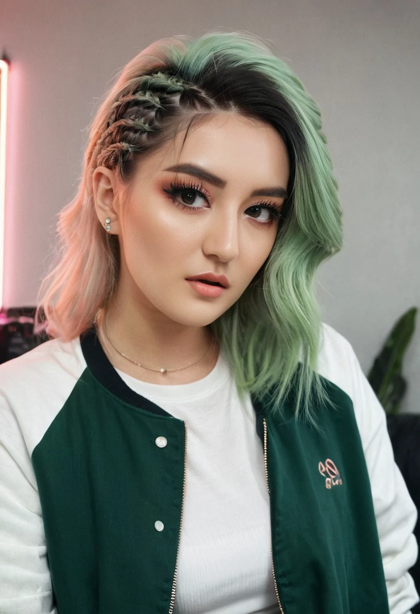 Half Body Shot, cinematic film still of extremely beautiful woman, long hair, short sidebraid, looking at viewer, Arching Back, Peach and sage green hair, Minimalist photography Tropical Paradise Gothic Makeup, model face, 22 years old, Neon Lighting, Varsity jacket, white tee, and A-line skirt