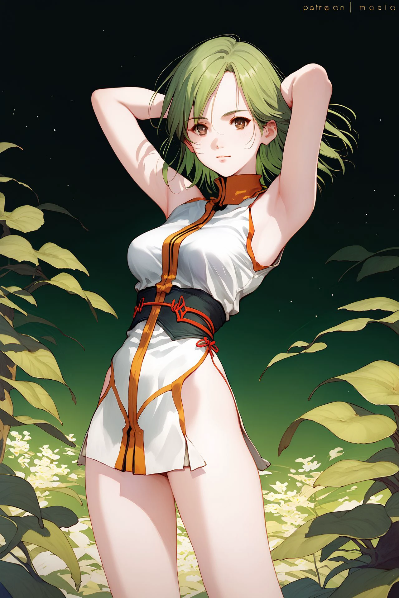 score_9, score_8_up, score_7_up, 1girl, :>, looking at viewer, green hair, hair_intakes, bronze eyes, medium breasts, hands_behind_head, projected_inset, <lora:Mikimoto_Haruhiko_PonyXL_style_v01:1>