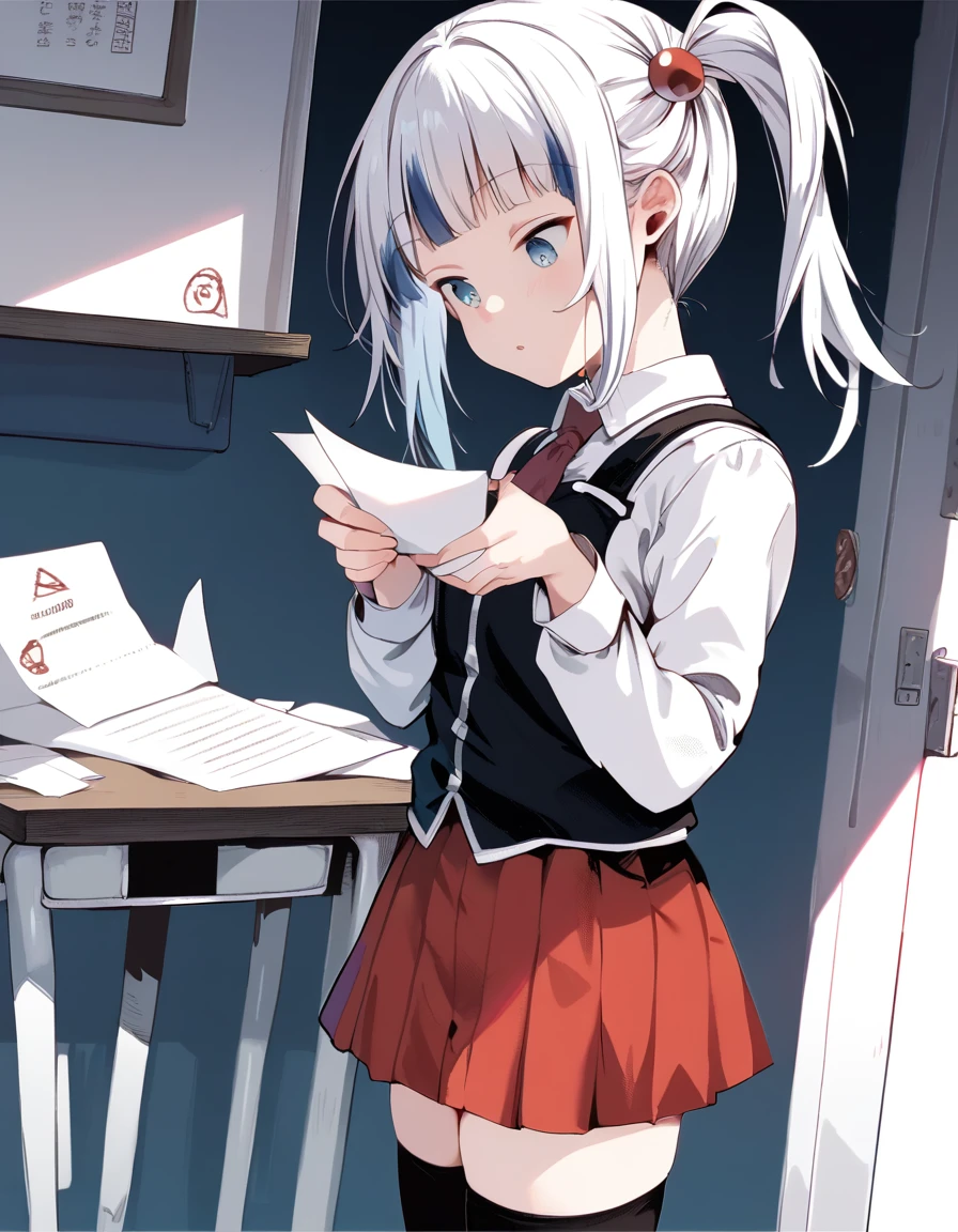 score_9, score_8_up, score_7_up,  score_6_up,  1girl, a girl is reading a letter, pitvinm, side ponytail,standing, 
 <lora:aya_style_pony_v1_s17823:1> <lora:bible_black_uniform_xl_v3:0.8> white shirt, black vest, black thighhighs, red skirt, red necktie