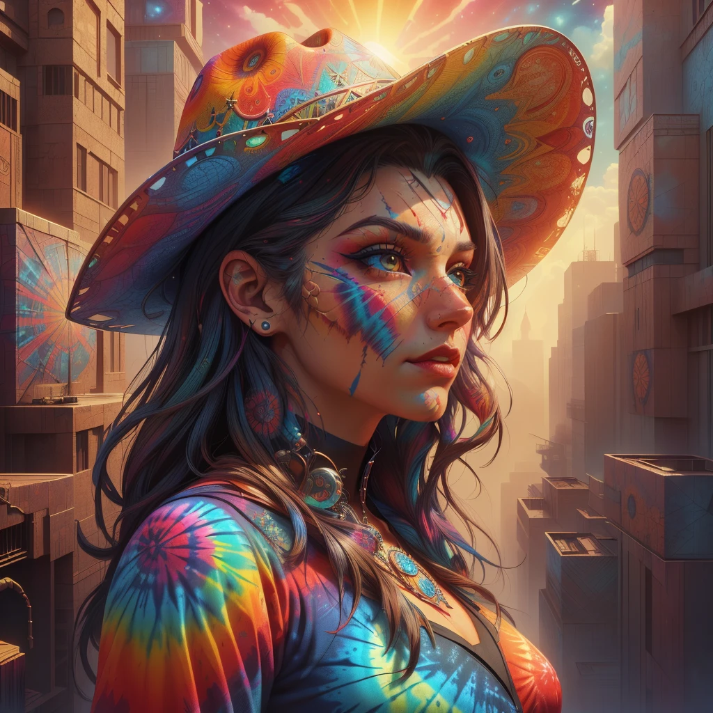 <lora:EPtiedyeworld:0.8>,eptiedyeworld, scifi, caustics, psychedelic,
 portrait of a young woman, long dark hair and an angular face with a scar across the chin. cowboy hat, daring and bold, con - artist and spy, beautiful, rpg, dnd, artgerm